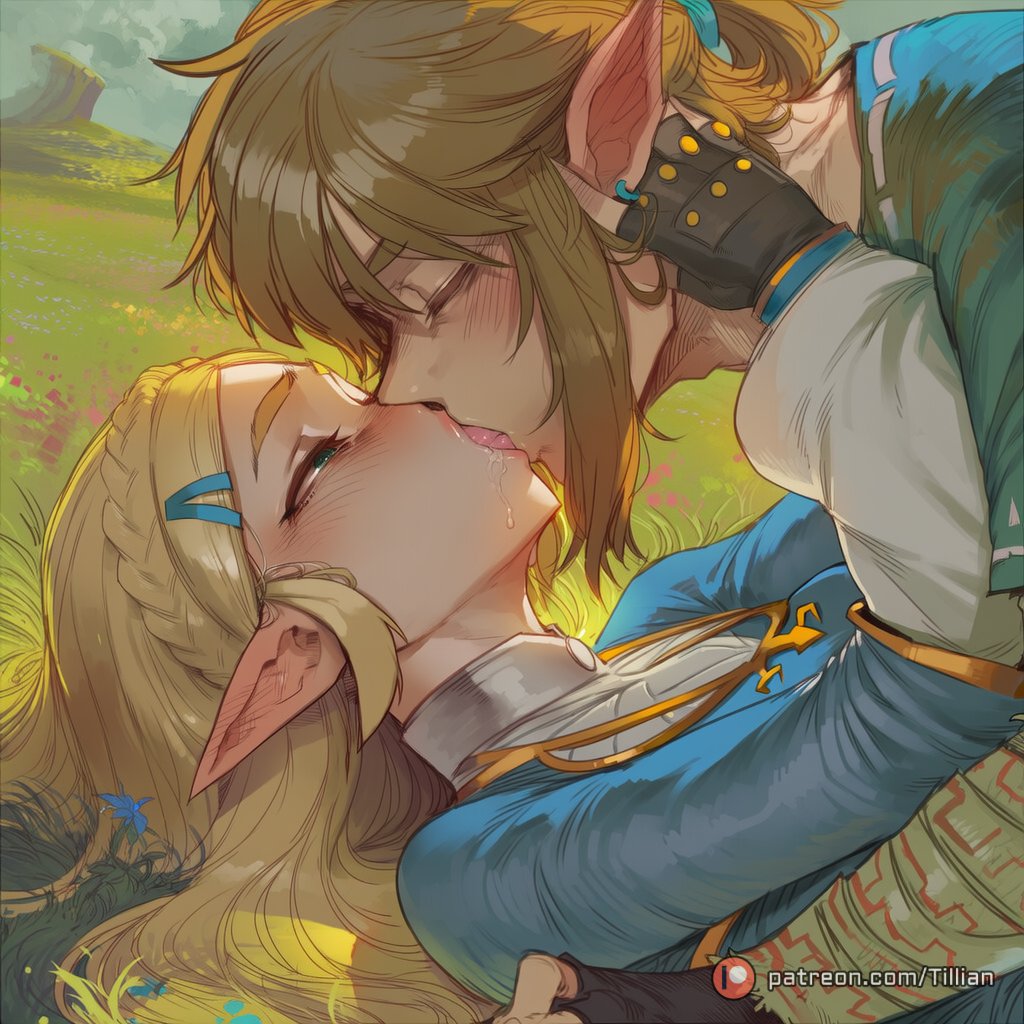 1boy, ai generated, artist name, black gloves, blonde hair, blue eyes, blue shirt, blush, braid, breath of the wild, champion's tunic (zelda ), closed eyes, crown braid, ear blush, female, fingerless gloves, french kiss, gloves, grass, green eyes, hair ornament, hairclip, half-closed eyes, jewelry, kissing, link, link (breath of the wild), long hair, lying, male, on back, outdoors, patreon logo, patreon username, pointy ears, ponytail, princess zelda, saliva, saliva trail, shirt, sidelocks, straight, the legend of zelda, tillian, tongue, tongue out, upper body, web address, zelda (breath of the wild)