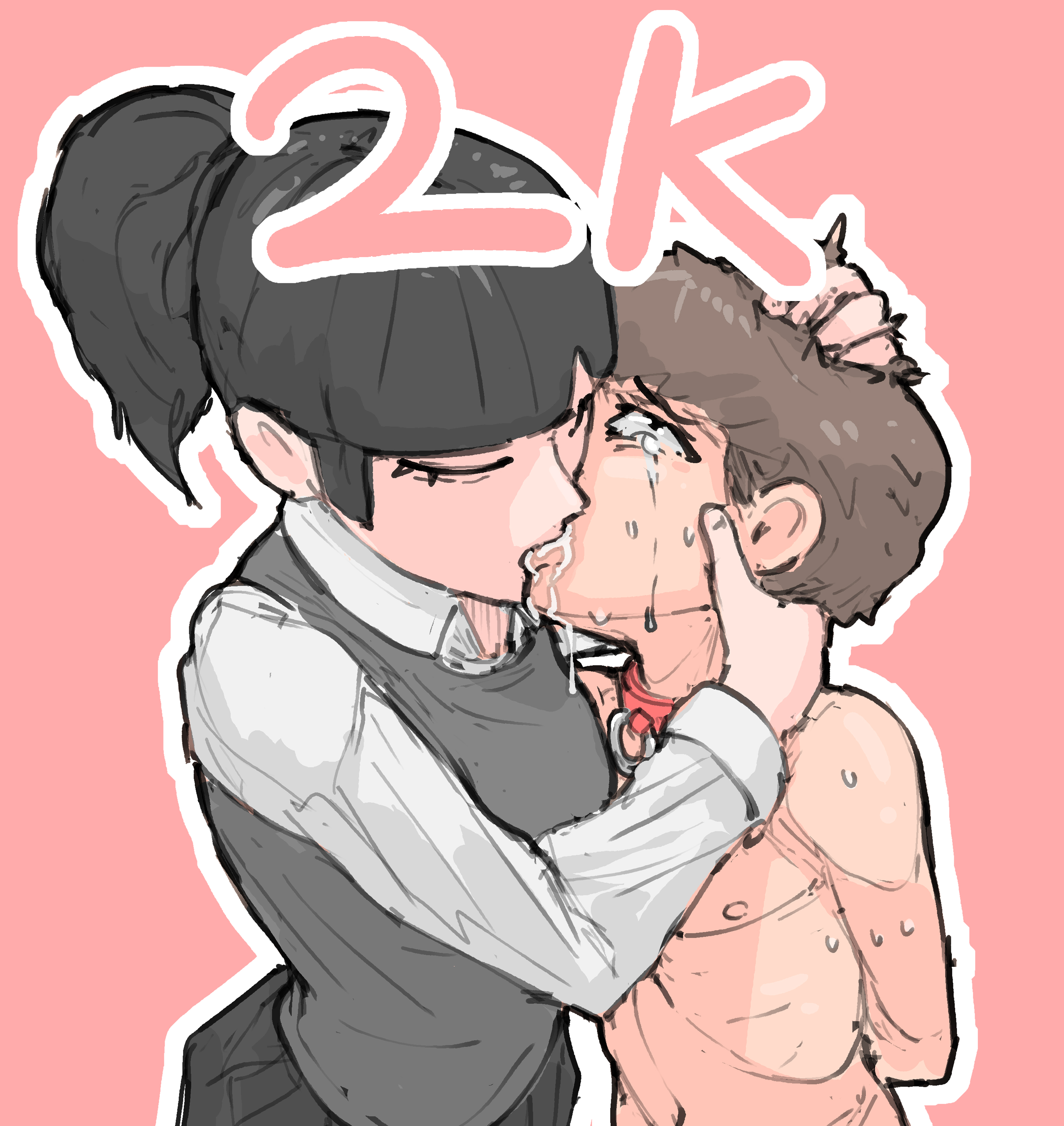 1boy, 1girls, absurd res, black hair, black-haired female, brown hair, brown-haired male, clothed, clothed female, collar, cuckold meal, dubious consent, female, femdom, forced kiss, hair grab, hi res, hogu (pizzlet), kissing, light skin, light-skinned female, light-skinned male, male, malesub, medium-haired female, milestone celebration, miyo (pizzlet), nude, nude male, original, original character, passionate kiss, pizzlet, ponytail, saliva, shirt, short hair, short-haired female, standing, sweat, tears