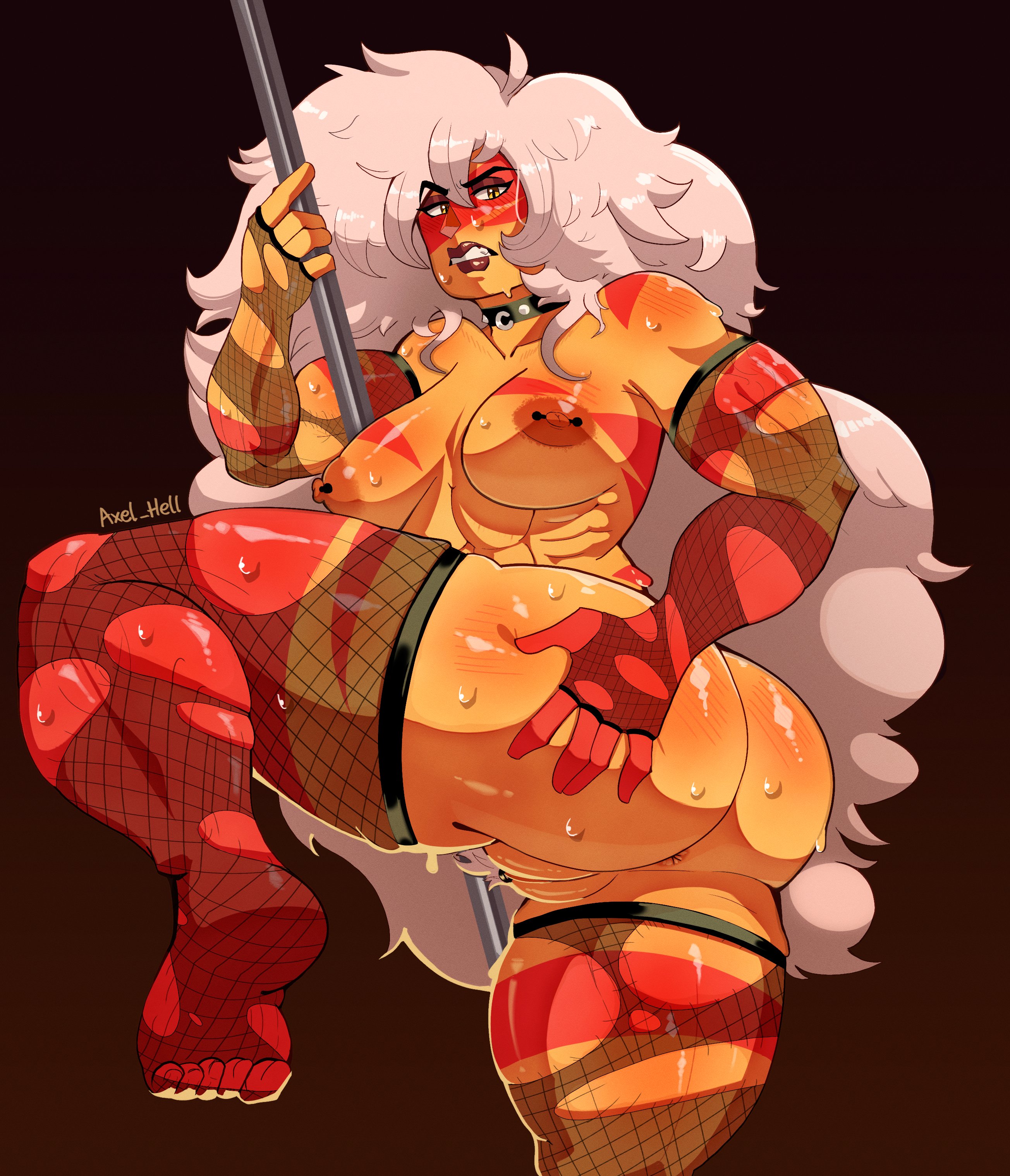 alien, alien girl, alternate version available, annoyed, annoyed expression, axel hell, body markings, clitoris, clitoris piercing, female, fingerless gloves, fishnets, gem, gem (species), hand on ass, jasper (steven universe), long hair, muscular, muscular female, muscular thighs, nipple piercing, nipples, pole, pole dancing, pussy, solo, solo female, solo focus, spiked collar, steven universe, stripper, stripper pole, sweat, torn clothes, torn fishnets