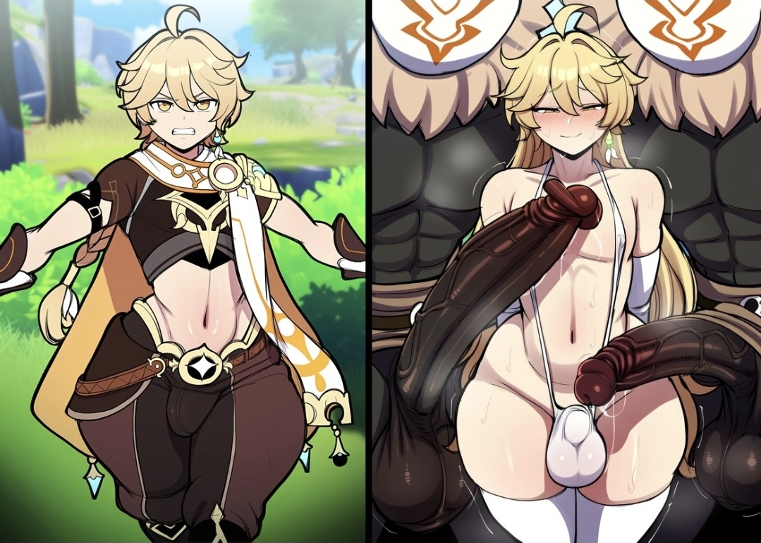 3boys, aether (genshin impact), ai generated, blonde hair, dark-skinned male, defeated, faceless male, femboy, genshin impact, hilichurls (species), male, male only, multiple males, multiple penises, penis, penis awe, sissification, thicc thighs, voluptuous male, yaoi