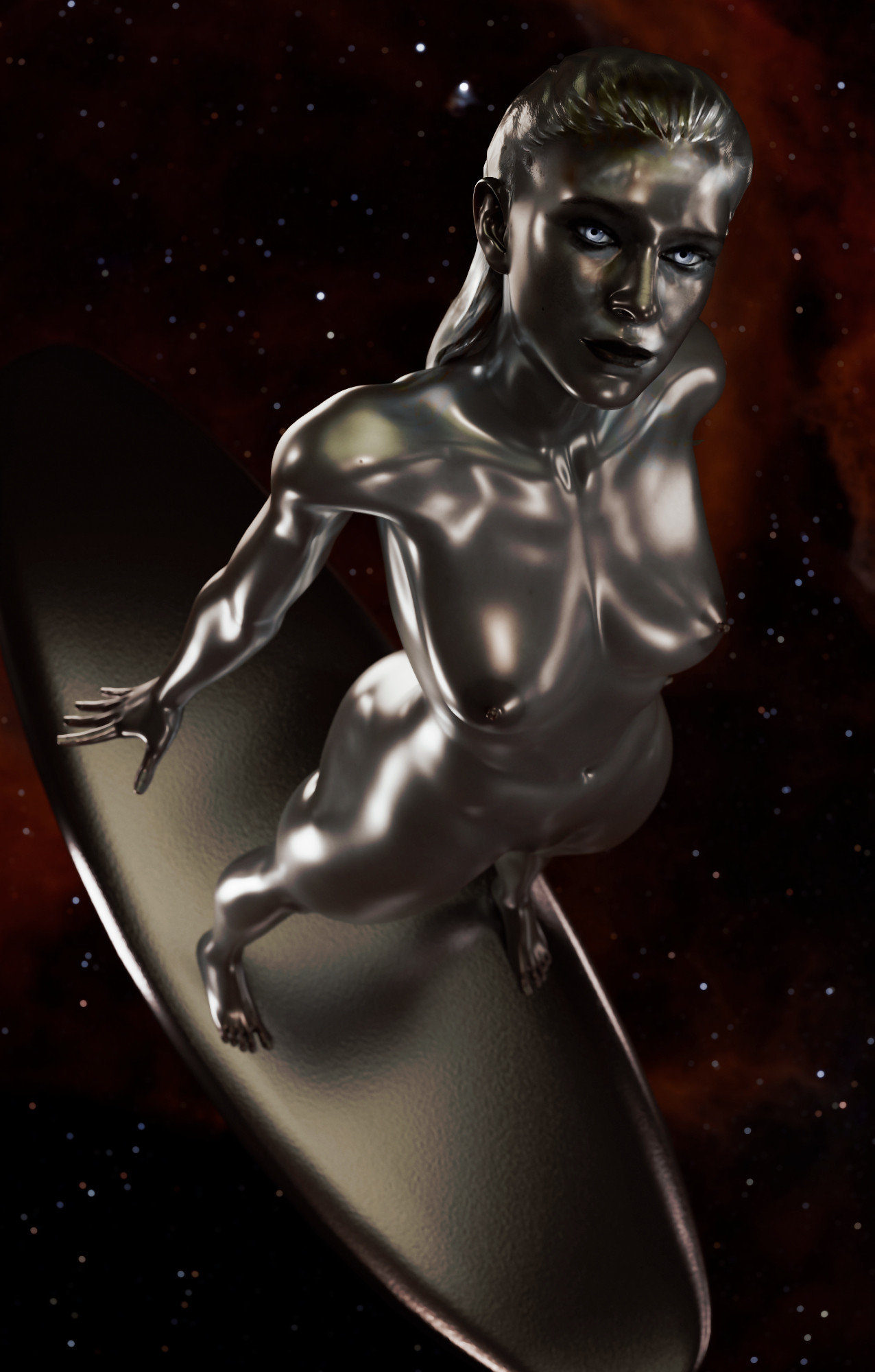 3d, areola, areolae, big breasts, breasts, breasts focus, completely naked, completely naked female, completely nude, completely nude female, dinoboy555, earth, fantastic four, fantastic four: first steps, female, female focus, female only, marvel, marvel comics, naked, naked female, nipples, nude, nude female, shalla-bal, silver skin, silver surfer, silver surfer (shalla-bal), space