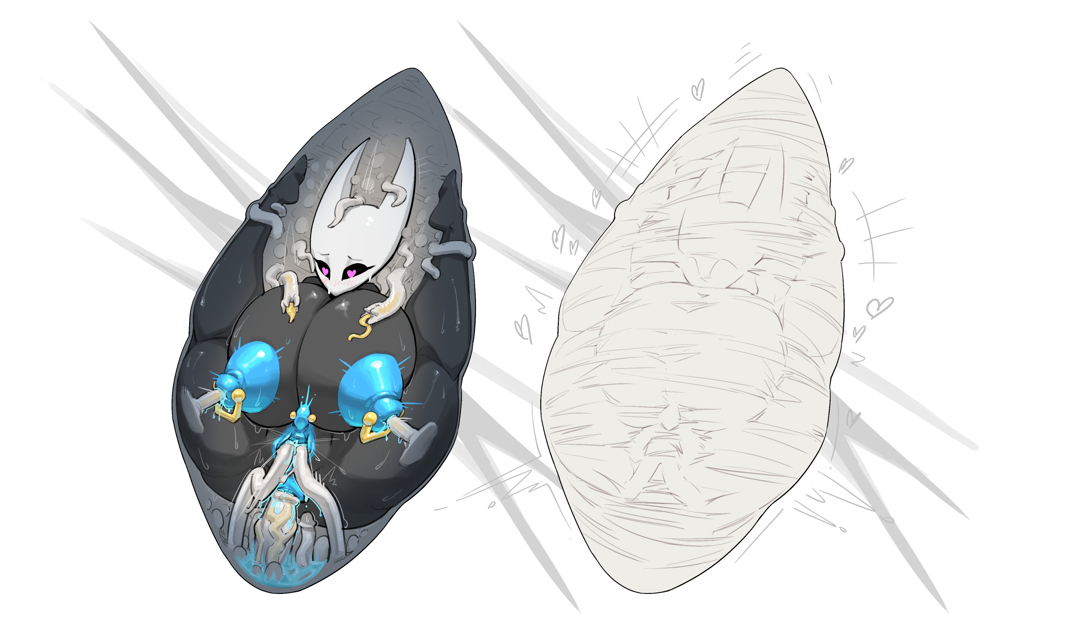 1boy, 1girls, 2 horns, alternate body type, alternate breast size, arthropod, big breasts, black body, black skin, blue nipples, blue pussy, breasts, bug, bug girl, bwydxm, female, hollow knight, hollow knight: silksong, hornet (hollow knight), large breasts, male, pussy, silksong, source request, team cherry, white background