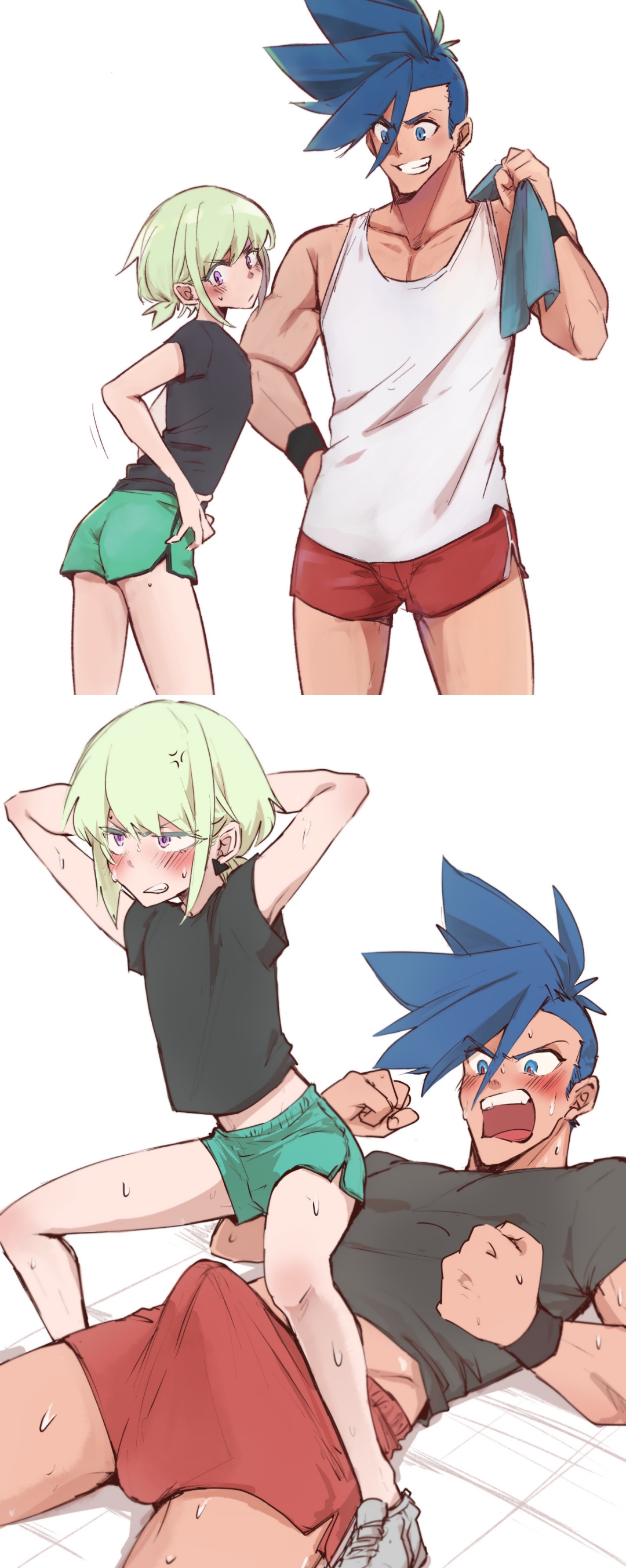 2boys, androgynous, ass, aus vaka, blush, boner, clothed, clothing, embarrassed, erection, femboy, galo thymos, gay, gym shorts, lio fotia, male, petite, petite body, petite male, ponytail, promare, size difference, slim, slim male, slim waist, squatting, twink, yaoi