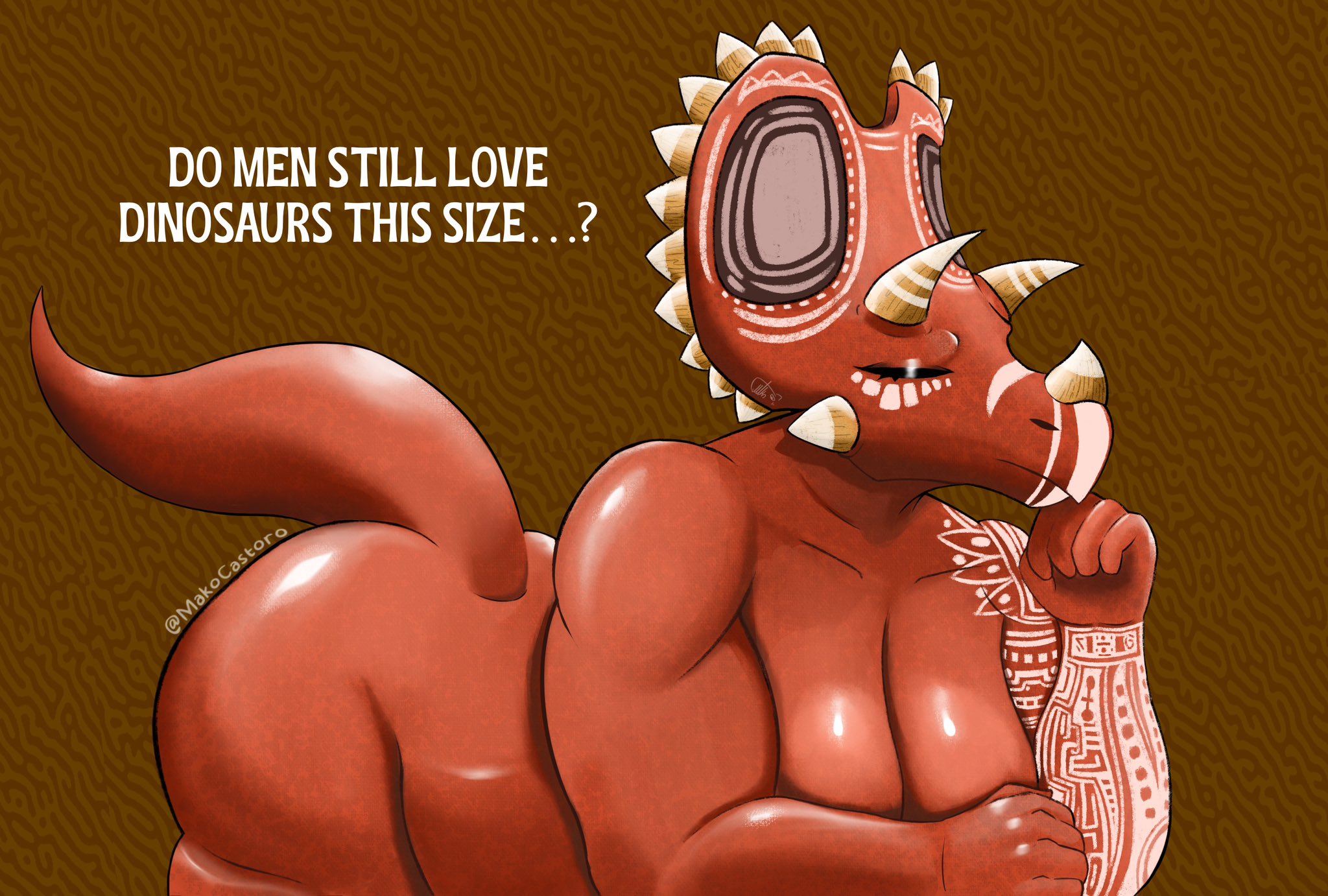 ?, 1girls, anthro, ass, bbw, big ass, big breasts, big butt, breasts, brown background, bubble butt, ceratopsian, chubby, chubby female, closed eyes, curvaceous, curvy, curvy figure, dialogue, dinosaur, do men still love women this size, english text, female, female only, horns, huge ass, huge breasts, mako castoro, markings, meme, nimako (mako castoro), nude, pondering, prehistoric species, scalie, solo, solo female, tail, text, thick thighs, tribal markings, triceratops, voluptuous, voluptuous female, wide hips