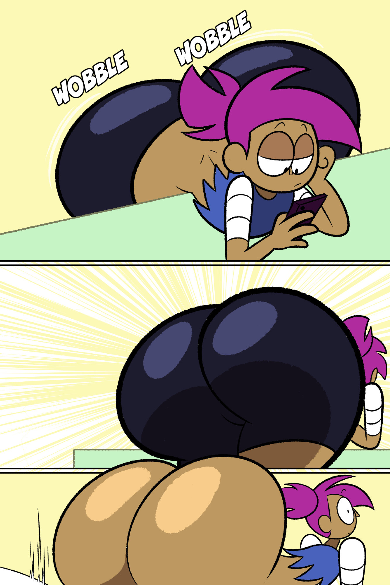 1boy, 1girls, 2025, 4 fingers, big ass, black eyes, black shorts, blue tank top, booty shorts, breasts, cartoon network, commission, dark skin, dark-skinned female, dubious consent, enid, enid (ok k.o.! lbh), enid mettle, faceless, faceless character, faceless male, female, male, oboithisisfunky, ok k.o.! let's be heroes, phone, purple hair, short shorts, shorts, shorts down, shorts pull, shorts pulled down, small breasts, tagme, tank top