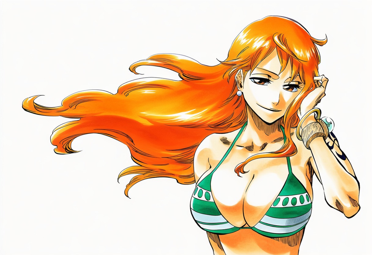 1girls, accurate art style, accurate body type, adjusting hair, ai generated, arm at side, arm tattoo, armpits, bangle, big breasts, bikini, bikini top, blue tattoo, bracelet, breasts, brown eyes, busty, clavicle, cleavage, closed mouth, clothing, collarbone, curvaceous, curvy, digital media (artwork), earrings, fanart, female, female focus, female only, floating hair, green bikini, green bikini top, halterneck, hand in own hair, hand up, highres, jewelry, large breasts, light skin, light-skinned female, long hair, looking at viewer, manga style, nami (one piece), one piece, orange eyes, orange hair, orange-haired female, pearl earrings, shiny hair, shiny skin, shoulder tattoo, simple background, smile, solo, solo female, solo focus, standing, swimsuit, tattoo, tite kubo style, upper body, white background, wind