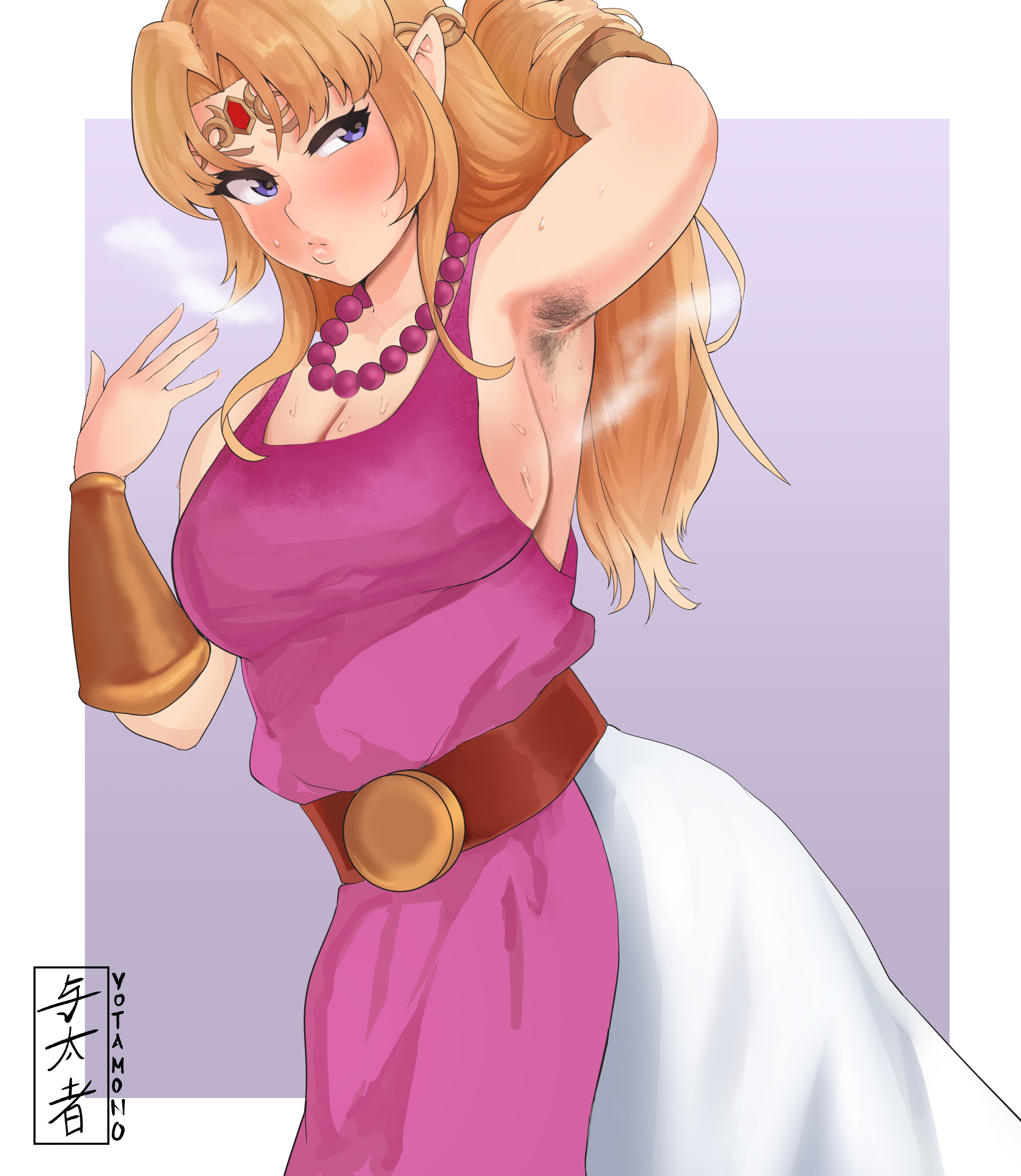 1girls, a link to the past, absurdres, armpit fetish, armpit hair, armpits, bimbo, blush, breasts, cleavage, female, female armpit hair, female only, highres, musk, nintendo, princess zelda, solo, sweat, sweat stain, sweaty, the legend of zelda, yotahen, zelda (a link between worlds), zelda (a link to the past)