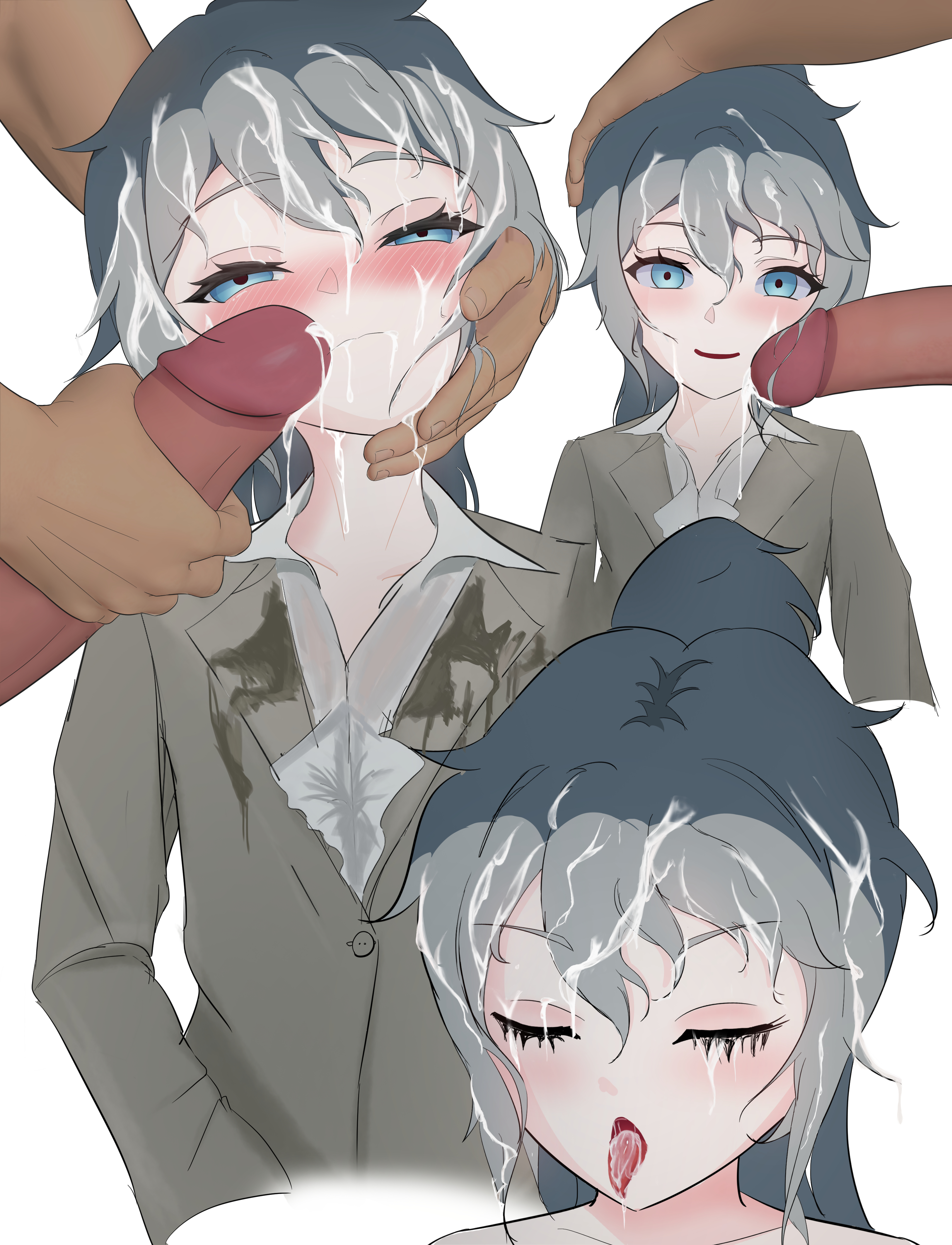 bukkake, bukkake progression, composed, cum, cum drip, cum in mouth, cum on body, cum on face, cum on hair, cum on upper body, femboy, forced, head grab, makeup, makeup running, male, mascara, mascara tears, office clothing, penis, penis on face, ponytail, smiling at viewer, wet clothes, wet clothing