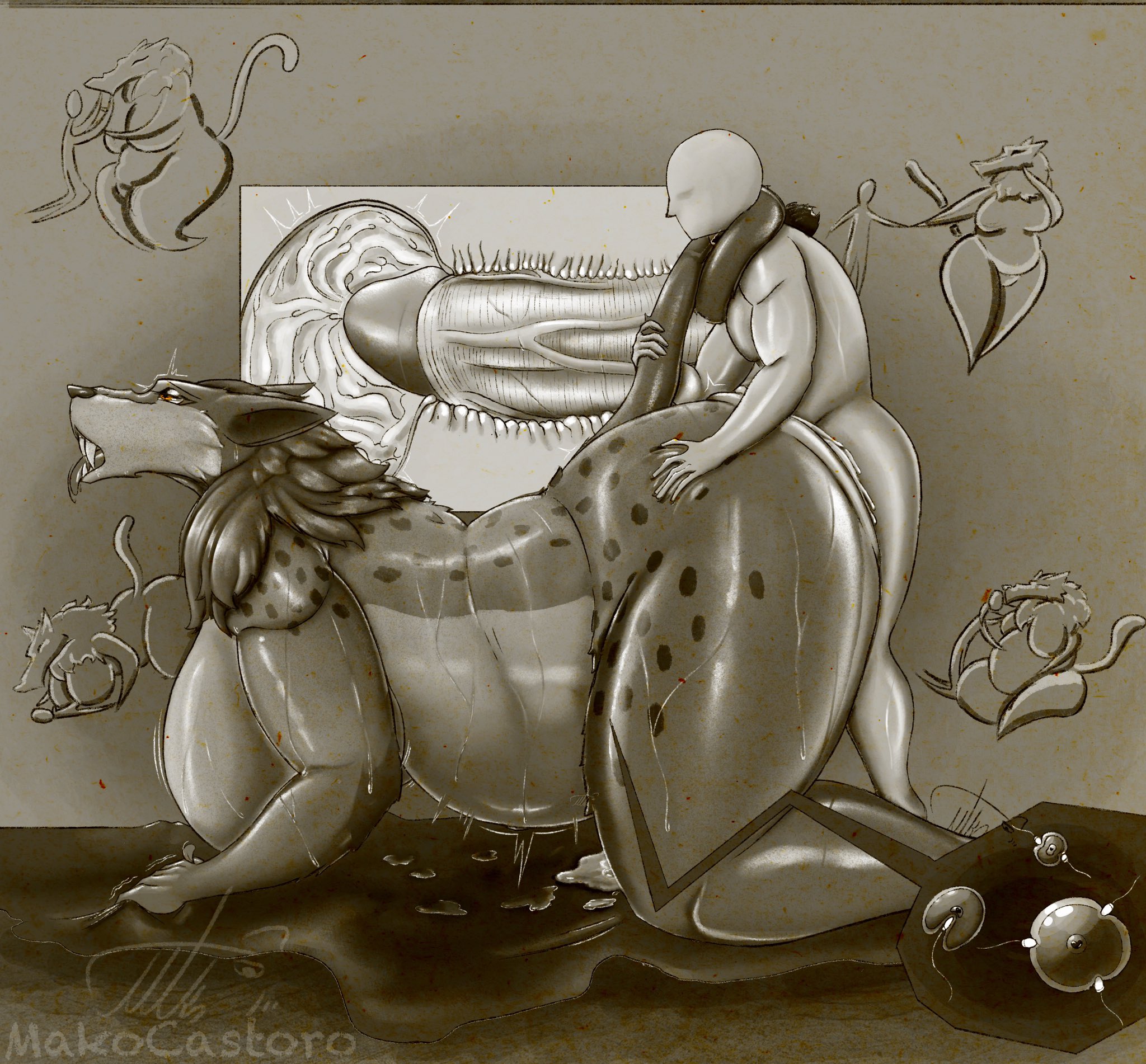 1boy, 1girls, ahe gao, andrewsarchus, anthro, areolae, ass, ass bigger than head, big areola, big ass, big breasts, big butt, big penis, breasts, breasts bigger than head, bubble butt, cave, cave painting, cervical penetration, cervix, cross section, cum, cum in pussy, cum in uterus, cum inside, cumflated belly, cumshot, curvaceous, curvy, curvy figure, deep penetration, doggy style, ejaculation, excessive cum, eyes rolling back, fangs, female, fertilization, filled womb, furry, greyscale, heart, huge ass, huge breasts, huge cock, impregnation, interspecies impregnation, larger female, long tail, mako castoro, male, monochrome, multiple ova, orange eyes, orgasm, ovum, ovum deformation, ovum with heart, penis, pleasure face, prehistoric species, pussy, sharp teeth, side view, size difference, small dom big sub, smaller male, sperm cell, sperm meets ovum, sweat, sweating, sweaty, sweaty body, sweaty breasts, sweaty butt, sweaty thighs, tail, tail around neck, thick thighs, tongue, tongue out, uterus, vaginal penetration, voluptuous, voluptuous female, wide hips