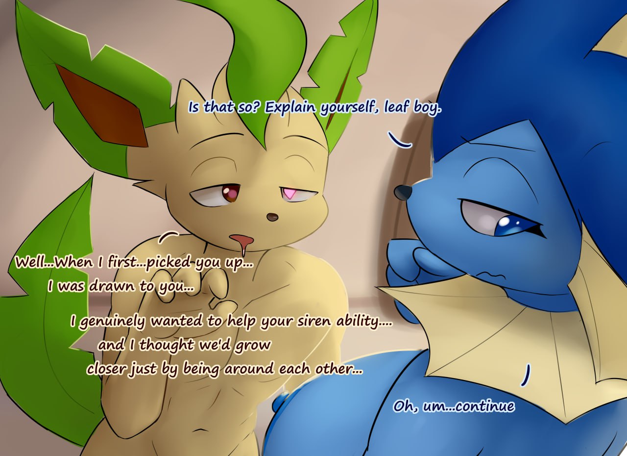 big breasts, breasts, comic, dialogue, dominant female, duo, eeveelution, female, heart-shaped pupils, hypnosis, indoors, inside, leafeon, male, male/female, mind control, nipples, nude, nude female, nude male, ozoneserpent, pokemon, pokemon (species), saliva, submissive, submissive male, tail, vaporeon, vappy (dom)