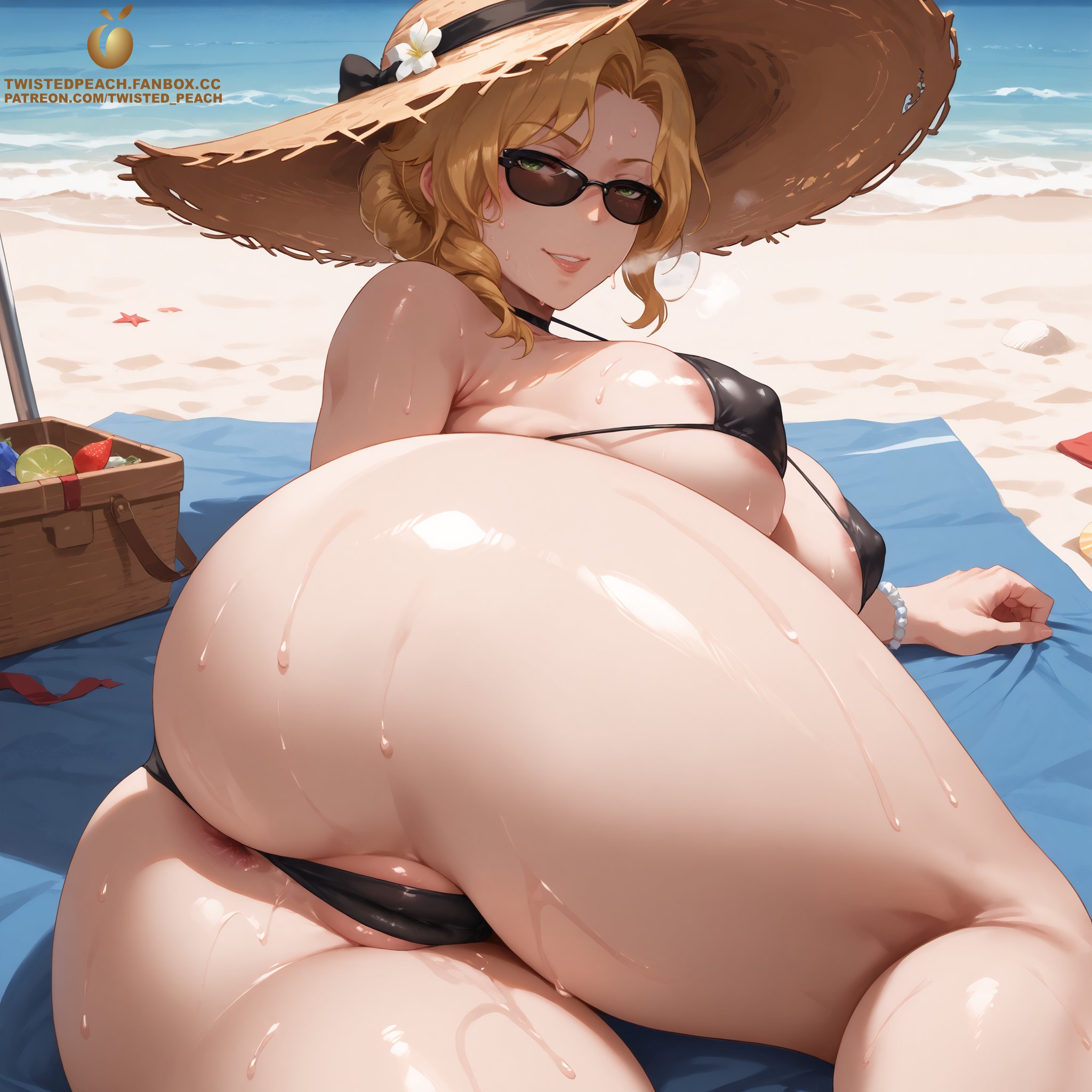 1girls, ai generated, areola slip, areolae, ass, beach, bikini, bikini bottom, bikini top, blonde hair, breasts, cameltoe, female, female only, glynda goodwitch, green eyes, hat, huge ass, huge breasts, large ass, large breasts, large butt, large thighs, light-skinned female, mature, mature female, mature woman, milf, motherly figure, posing, rwby, solo, solo female, solo focus, straw hat, sun hat, sunglasses, tagme, thick, thick ass, thick thighs, twistedpeach