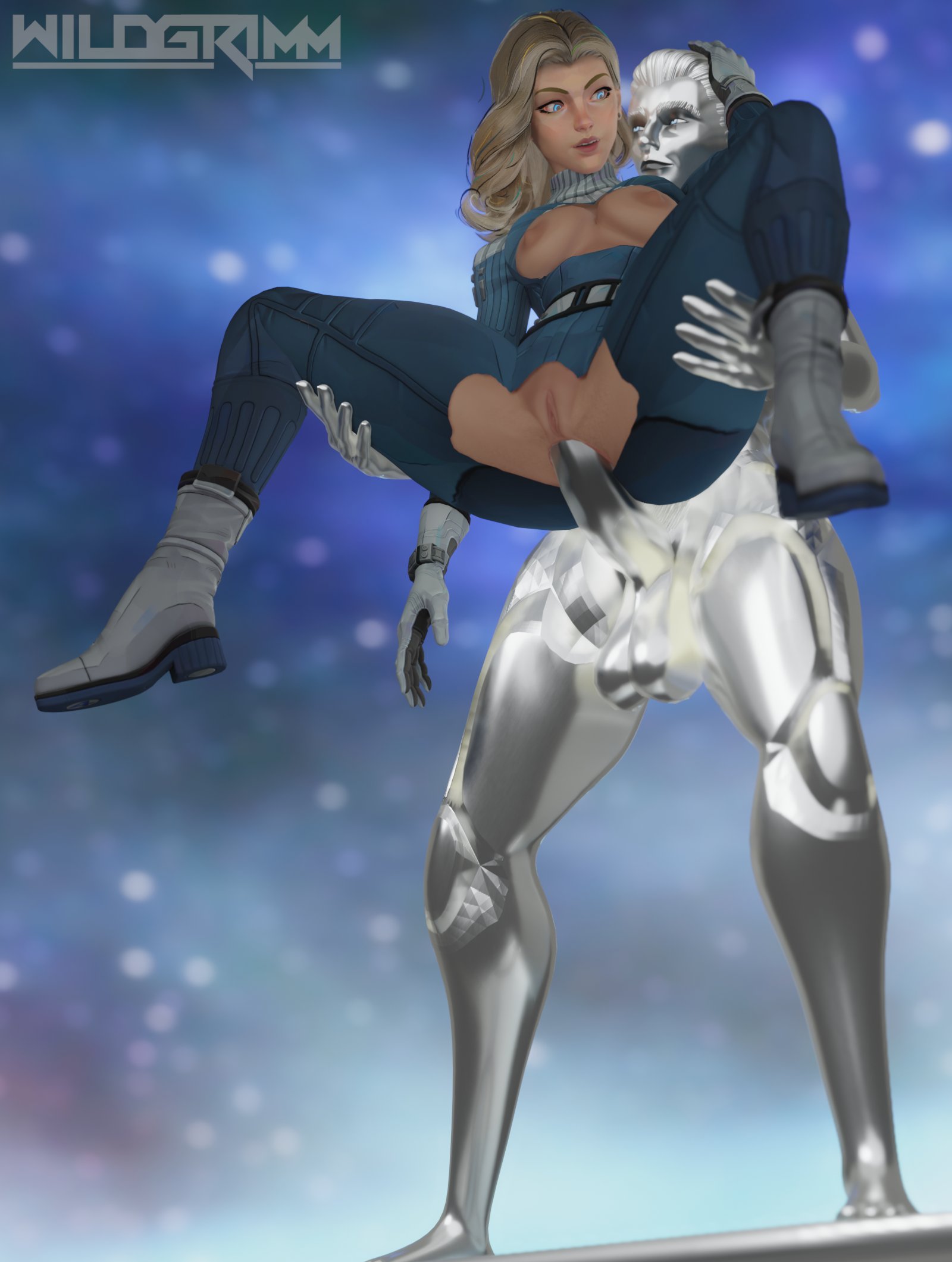 1futa, 1girls, 3d, 3d (artwork), anal, artist name, blue eyes, bottom heavy, breasts, bubble butt, child bearing hips, cleavage, cleavage cutout, clothing cutout, curvaceous, curvaceous female, curvy female, curvy hips, english text, fantastic four, fantastic four: first steps, female, fit, fit female, floating, flying, futanari, hourglass figure, huge areolae, huge ass, huge breasts, huge cock, huge nipples, intersex, invisible woman, large areolae, large ass, large breasts, large nipples, large penis, marvel, marvel comics, penis, reverse stand and carry position, shalla-bal, silver surfer, silver surfer (shalla-bal), standing, standing sex, sue storm, thick thighs, toned, toned body, toned female, toned futa, toned stomach, top heavy, torn bodysuit, torn clothes, torn clothing, watermark, wide hips, wildgrimm