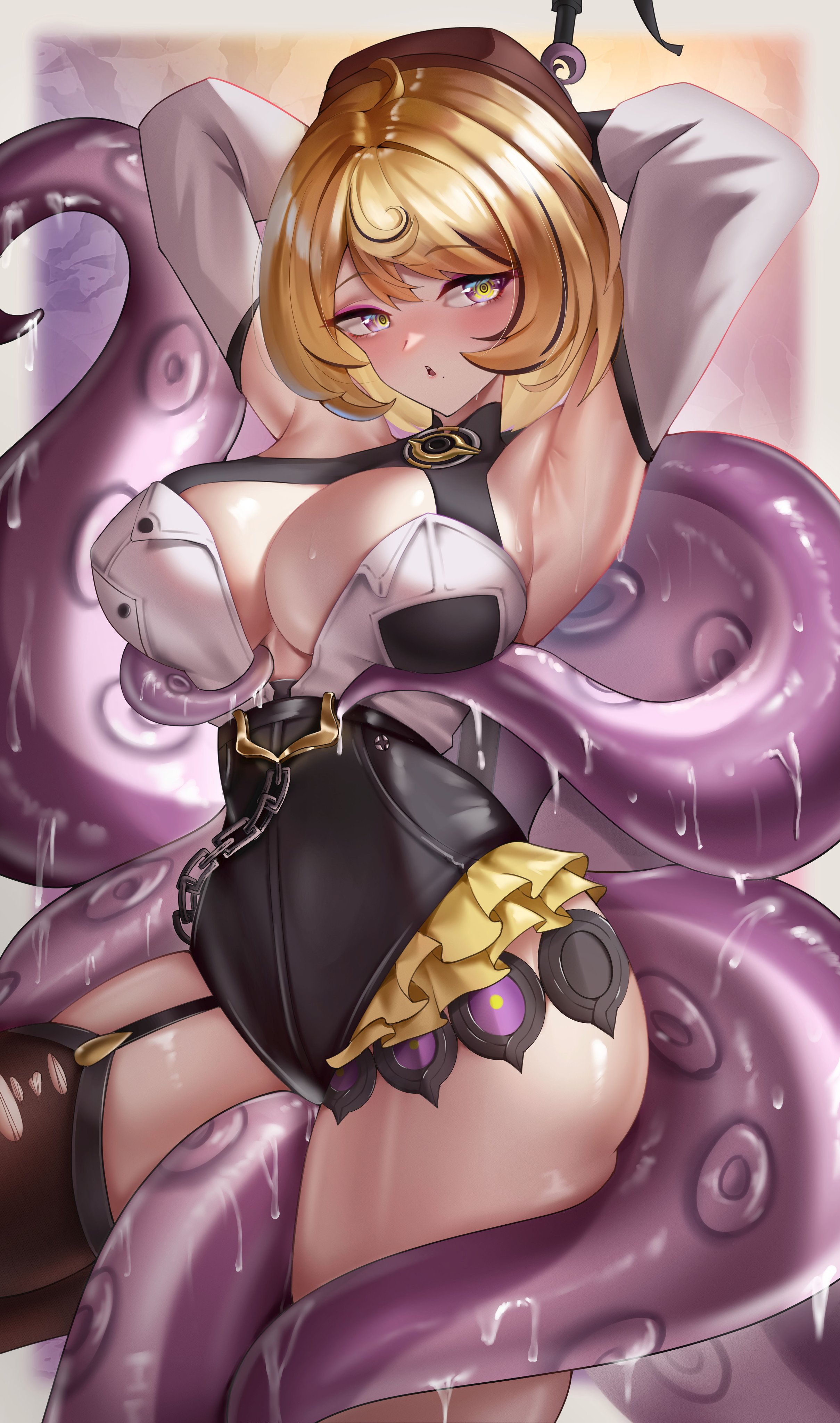 1girls, absurdres, armpits, ass, asymmetrical shorts, blonde hair, blush, breasts, detached sleeves, female, female only, green pupils, hat, high-waist shorts, highres, large breasts, looking to the side, mole, mole under mouth, monster girl, octopus, open clothes, purple eyes, short hair, shorts, single thighhigh, slimy, solo, spiral, standing, sticker, sweat, tentacle, tentacle between breasts, tentacle between legs, tentacle tail, tentaclejob, thighhighs, unbuttoned, wendy (5877), white sleeves, yidhari murphy, zenless zone zero