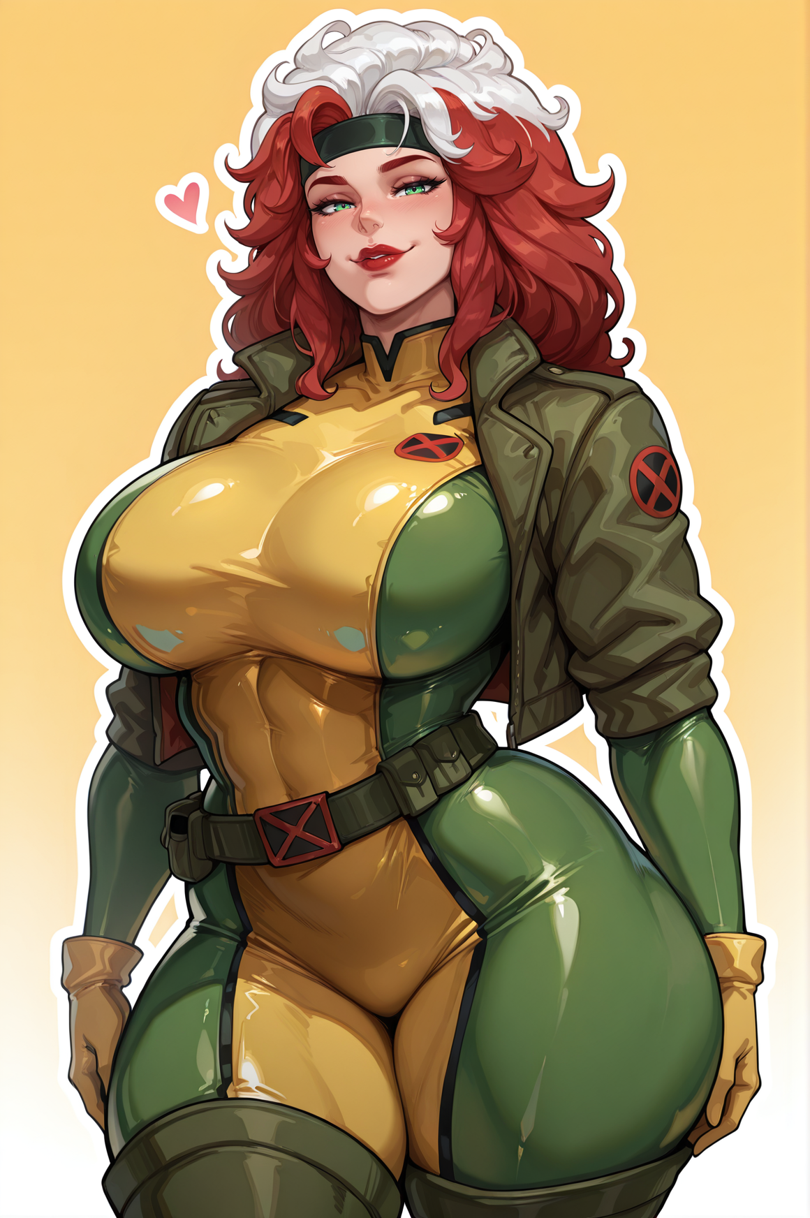 ai generated, bare thighs, breasts, female, gigantic breasts, green eyes, huge breasts, huge thighs, jacket, light skin, light-skinned female, long hair, looking at viewer, marvel, marvel comics, massive breasts, multicolored hair, red hair, rogue (x-men), smile, smiling, solo female, squatting, superheroine, sweat, sweatdrop, thick body, thick female, thick thighs, thighs, voluptuous, voluptuous female, x-men, x-men 97, yashugai