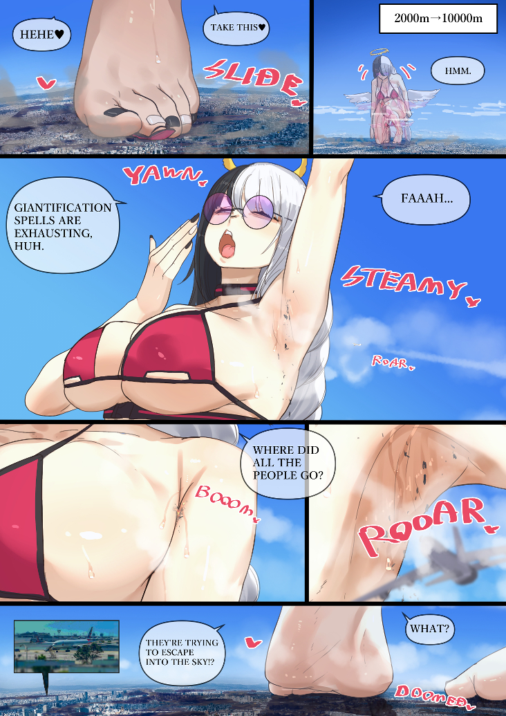 airplane, angel, anime style, armpits, barefoot, big breasts, bikini, black hair, blush, bra, breasts, city, cityscape, comic, crush, crushing, daytime, destruction, feet, fingers, giantess, glasses, halo, kikimifukuri, long hair, macrophilia, manga, multicolored hair, necklace, painted nails, painted toenails, perspective, pixiv, pov, red bikini, red bra, round glasses, sandals, smoke, speech bubble, stepped on, sweat, sweating, toenails, translated, two-tone hair, white eyes, white hair, wings
