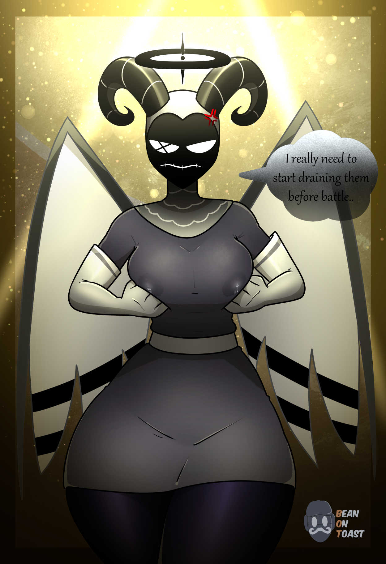 2025, 2d, 2d (artwork), 2d artwork, angel, angel girl, anger vein, artist logo, artist name, beanontoast, big breasts, breasts, breasts milk, doesn't want this, exorcist (hazbin hotel), female, grabbing own breast, halo, hazbin hotel, horns, lactating, lactating through clothing, lactation, lactation through clothes, lute (hazbin hotel), mask, masked female, pissed, pushing breasts together, squeezing breasts, squeezing breasts together, squeezing milk, squeezing own breasts, thick thighs, unwanted lactation, wings