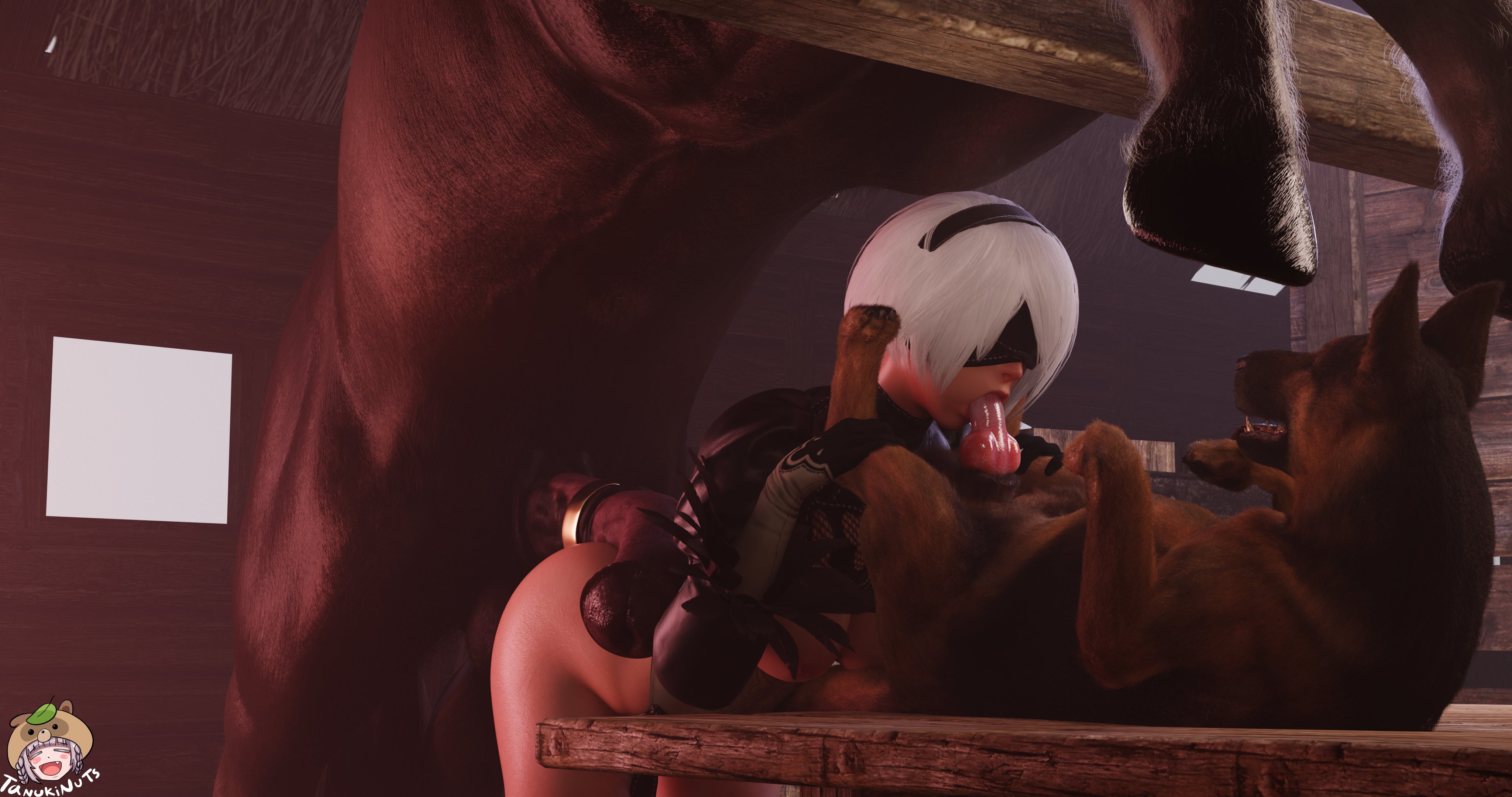 1girls, 2animals, 3d, animal genitalia, animal penis, barn, blindfold, bottomless, breasts, canine penis, cock ring, equine penis, exposed breasts, fellatio, female, gloves, headband, knotted penis, looking at partner, male, nier (series), nier: automata, penis, tanukinuts, white hair, yorha 2b, zoophilia