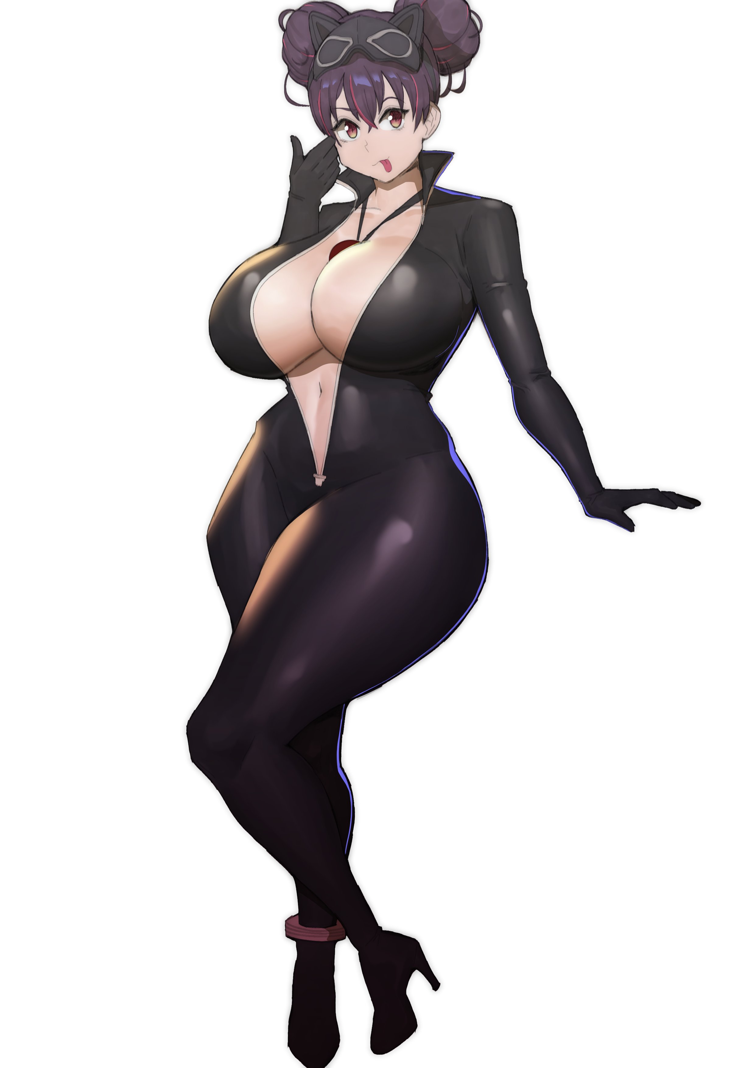 1girls, 2025, absurdres, black bodysuit, black hair, bodysuit, breasts, cleavage, collared bodysuit, double bun, doublehero, eye mask, female, female only, full-length zipper, gloves, hair bun, high heels, highres, huge breasts, large breasts, latex, latex bodysuit, latex gloves, looking at viewer, mask, mask on head, multicolored hair, official alternate costume, open bodysuit, open clothes, quency (escape queen) (nikke), quency (nikke), red eyes, smile, solo, two-tone hair, unzipped, unzipped bodysuit, zipper