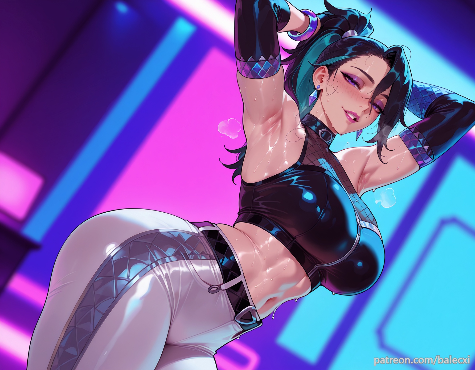 1girls, ai generated, armpits, arms up, balecxi, black hair, bracelet, breasts, crop top, detached sleeves, earrings, female, jewelry, k/da all out kai'sa, k/da all out series, kai'sa, large breasts, league of legends, looking at viewer, multicolored hair, navel, pants, ponytail, purple eyes, solo, sweat