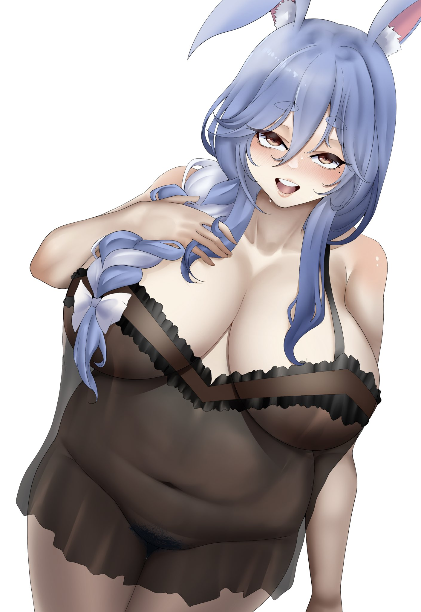 1girls, 2025, 2d, animal ears, belly button, belly button visible through clothing, blue hair, blush, blush lines, braided hair, breasts, brown eyes, bunny, bunny ears, bunny girl, clothed, clothing, commission, eyebrows visible through hair, female, female only, hair, hair between eyes, hololive, hololive fantasy, hololive japan, huge breasts, humanoid, kemonomimi, lagomorph, lagomorph humanoid, light skin, light-skinned female, long hair, milf, mole, mole under eye, mother, muscleboii, nightgown, no bra, no panties, open mouth, pekomama, plain background, pubic hair, rabbit, rabbit ears, rabbit girl, see-through clothing, simple background, solo, solo female, standing, transparent clothing, virtual youtuber, vtuber, white background
