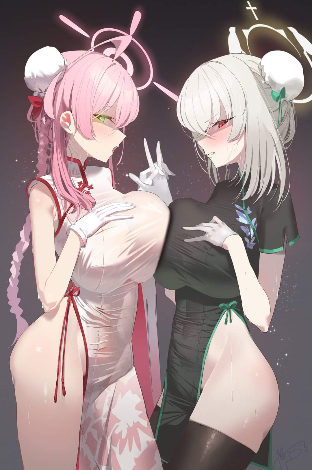 2girls, artist request, big breasts, blue archive, blush, breast press, breasts, female, female only, halo, hanako (blue archive), handholding, qipao, sakurako (blue archive), stockings, thick thighs, trinity general school student