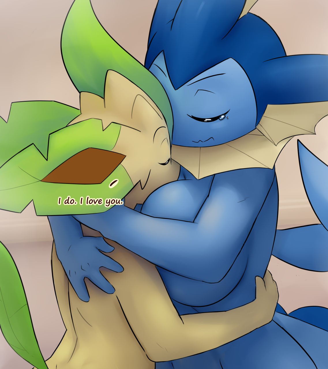 big breasts, breasts, comic, dialogue, duo, eeveelution, female, indoors, inside, leafeon, male, male/female, nude, nude female, nude male, ozoneserpent, pokemon, pokemon (species), tail, vaporeon, vappy (dom)
