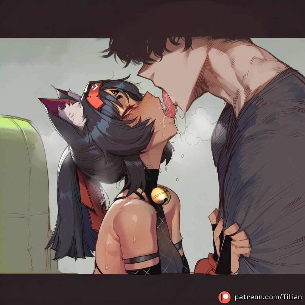 1boy, ai generated, animal ear fluff, animal ears, bare shoulders, bell, black hair, blush, breasts, bridal gauntlets, cat ears, cat girl, dark skin, dark-skinned female, drooling, eyewear on head, female, french kiss, gloves, heavy breathing, jingle bell, kissing, long hair, male, neck bell, nekomiya mana, patreon logo, patreon username, ponytail, saliva, saliva drip, saliva trail, shirt grab, straight, sweat, tan, tillian, tongue, tongue out, upper body, web address, zenless zone zero
