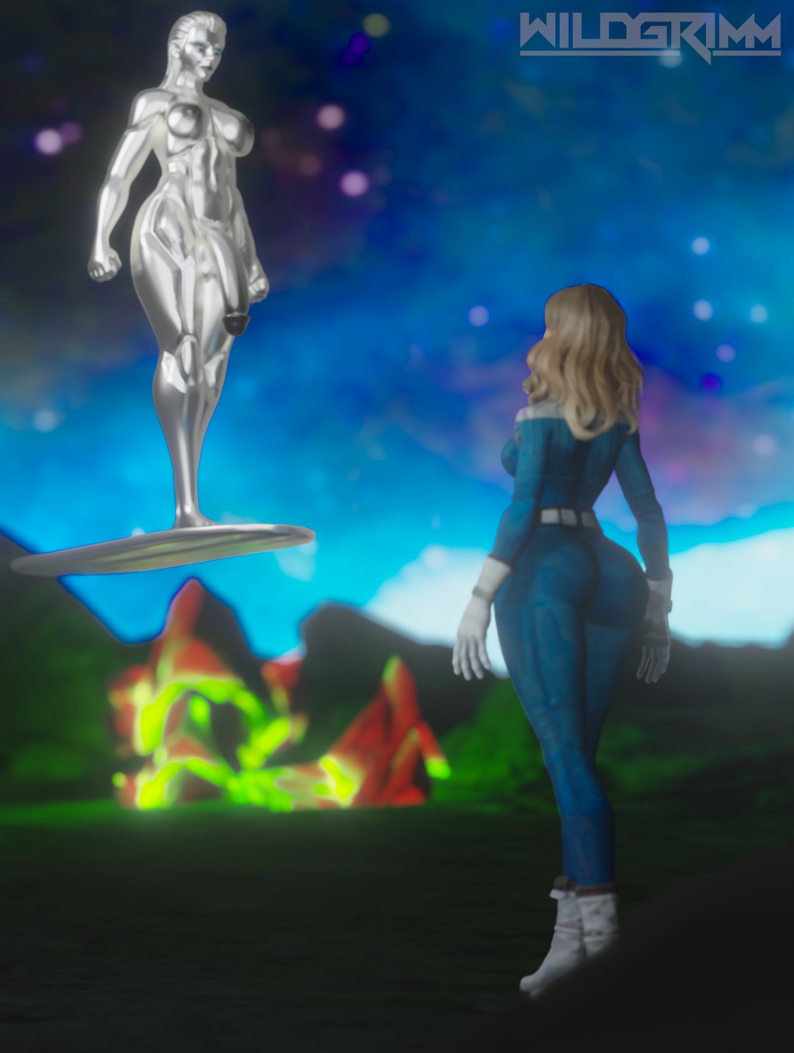 1futa, 1girls, 3d, 3d (artwork), abs, alien, alien futa, alien humanoid, artist name, balls, blue eyes, bodysuit, breasts, bubble butt, child bearing hips, curvaceous, curvaceous female, curvy female, curvy hips, english text, fantastic four, female, fit, fit female, floating, flying, futanari, hourglass figure, huge areolae, huge ass, huge breasts, huge nipples, huge penis, huge testicles, intersex, invisible woman, large areolae, large ass, large breasts, large nipples, large penis, large testicles, long hair, marvel, marvel comics, navel, penis, shalla-bal, silver surfer, silver surfer (shalla-bal), sue storm, testicles, thick thighs, toned, toned body, toned female, toned futa, toned stomach, watermark, wide hips, wildgrimm
