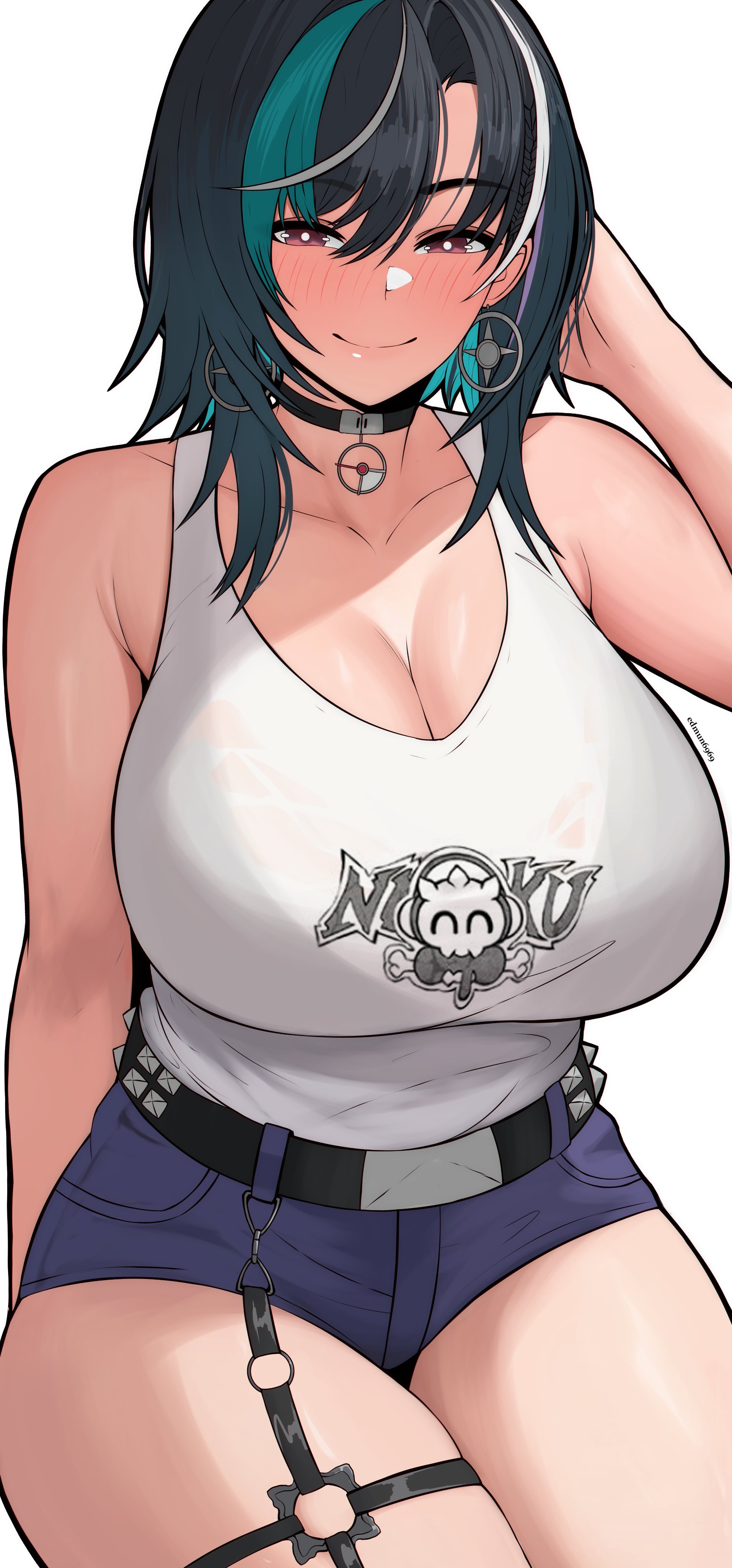 1girls, aqua hair, artist name, background, bare arms, bare legs, bare shoulders, bare thighs, belt, black belt, black choker, black collar, black hair, blush, blushing at viewer, breasts, bust, busty, busty female, choker, closed mouth, clothed, clothed female, clothing, collar, collarbone, curvaceous, curvaceous body, curvaceous female, curvaceous figure, curvaceous hips, curvaceous thighs, curves, curvy, curvy body, curvy female, curvy figure, curvy hips, curvy thighs, denim, denim shorts, earring, earwear, edmun, female, female focus, female only, fully clothed, hand behind head, hips, hololive, hololive dev is, hololive flow glow, huge breasts, huge thighs, human, human only, large breasts, large thighs, lips, looking at viewer, medium hair, mouth closed, multicolored hair, o-ring choker, o-ring thigh strap, one hand behind head, pendant choker, print clothes, print clothing, print tank top, purple hair, purple streak, red eyes, rindo chihaya, seductive, seductive body, seductive eyes, seductive gaze, seductive look, seductive mouth, seductive smile, short shorts, shoulders, simple background, sitting, sitting down, sitting on floor, smile, smiling, smiling at viewer, solo, solo female, solo focus, streaked hair, tank top, thick thighs, thigh strap, thighs, thunder thighs, virtual youtuber, voluptuous, voluptuous body, voluptuous female, white background, white hair, white shirt, white streak, white tank top, wide hips