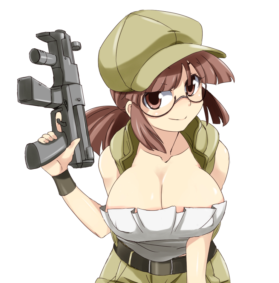 artist_request bare_arms bare_shoulders baseball_cap belt black-framed_eyewear breasts brown_eyes brown_hair cleavage closed_mouth collarbone female female_focus fio_germi glasses gun hat holding holding_gun holding_weapon large_breasts leaning leaning_forward looking_at_viewer matching_hair/eyes metal_slug midriff military military_uniform mp5k neck ponytail short_hair shorts simple_background sleeveless smg smile soldier solo strapless submachine_gun tubetop vest weapon white_background white_tubetop wristband