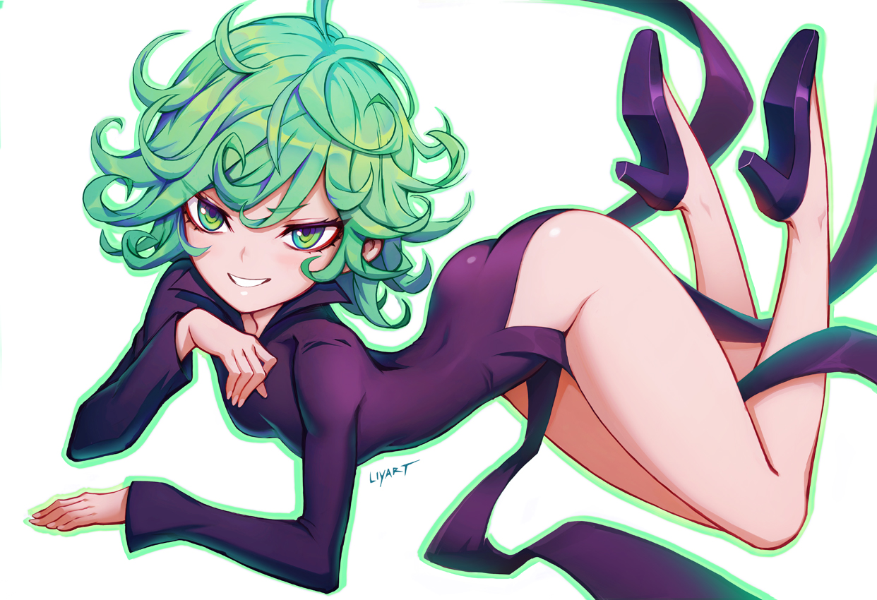 1girls, ass, curly hair, cute, dress, evil smile, eyelashes, female, fringe, green eyes, green hair, liyart, looking at viewer, no panties, one-punch man, pale skin, seductive eyes, seductive look, seductive smile, short hair, skinny, small ass, smile, tagme, tatsumaki