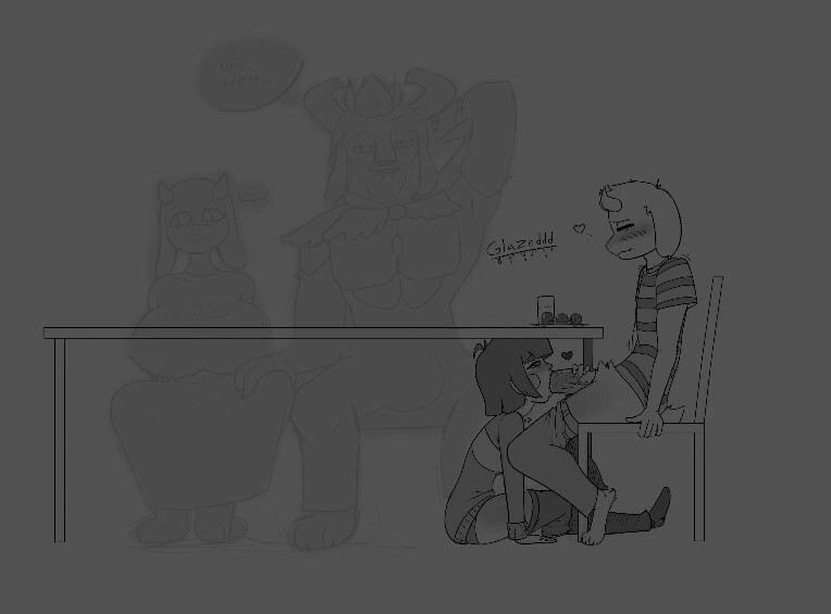 2boys, 2girls, adoptive siblings, anthro, asgore dreemurr, asriel dreemurr, asriel dreemurr (god form), big breasts, big penis, breasts, brother and sister, chara, deep blowjob, deepthroat, fellatio, female, female chara, female human, glazed (artist), goat, hiding, human, male, male anthro, oral, penis, petite, red eyes, straight, sucking, tagme, teenager, throat bulge, toriel, under the table, undertale, undertale (series), white fur
