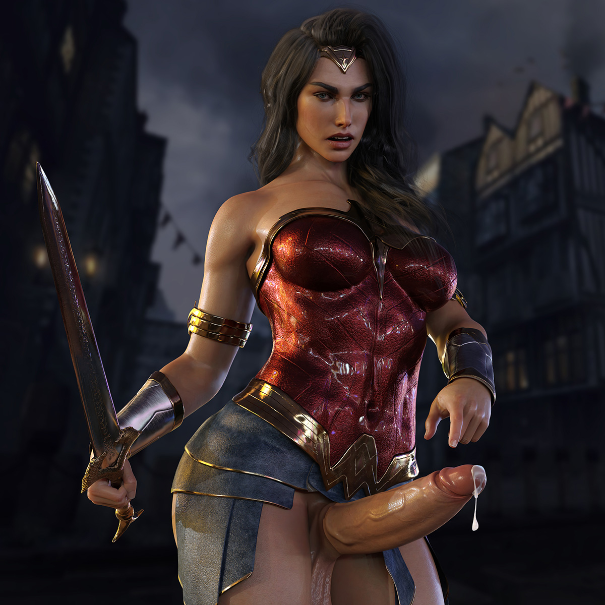 1futa, 3d, balls, balls under clothes, black hair, blue eyes, bottomless skirt, breasts, curvy, dc, dc comics, diana prince, erection, erection under clothes, erection under skirt, futa only, futa sans pussy, futanari, hourglass figure, huge penis, intersex, large balls, long hair, medium breasts, nordfantasy, olive skin, penis, penis out, penis under clothes, penis under skirt, pinup, pinup pose, pose, posing, precum, precum drip, realistic, skirt, skirt lift, solo futa, tagme, weapon, wide hips, wonder woman, wonder woman (series)