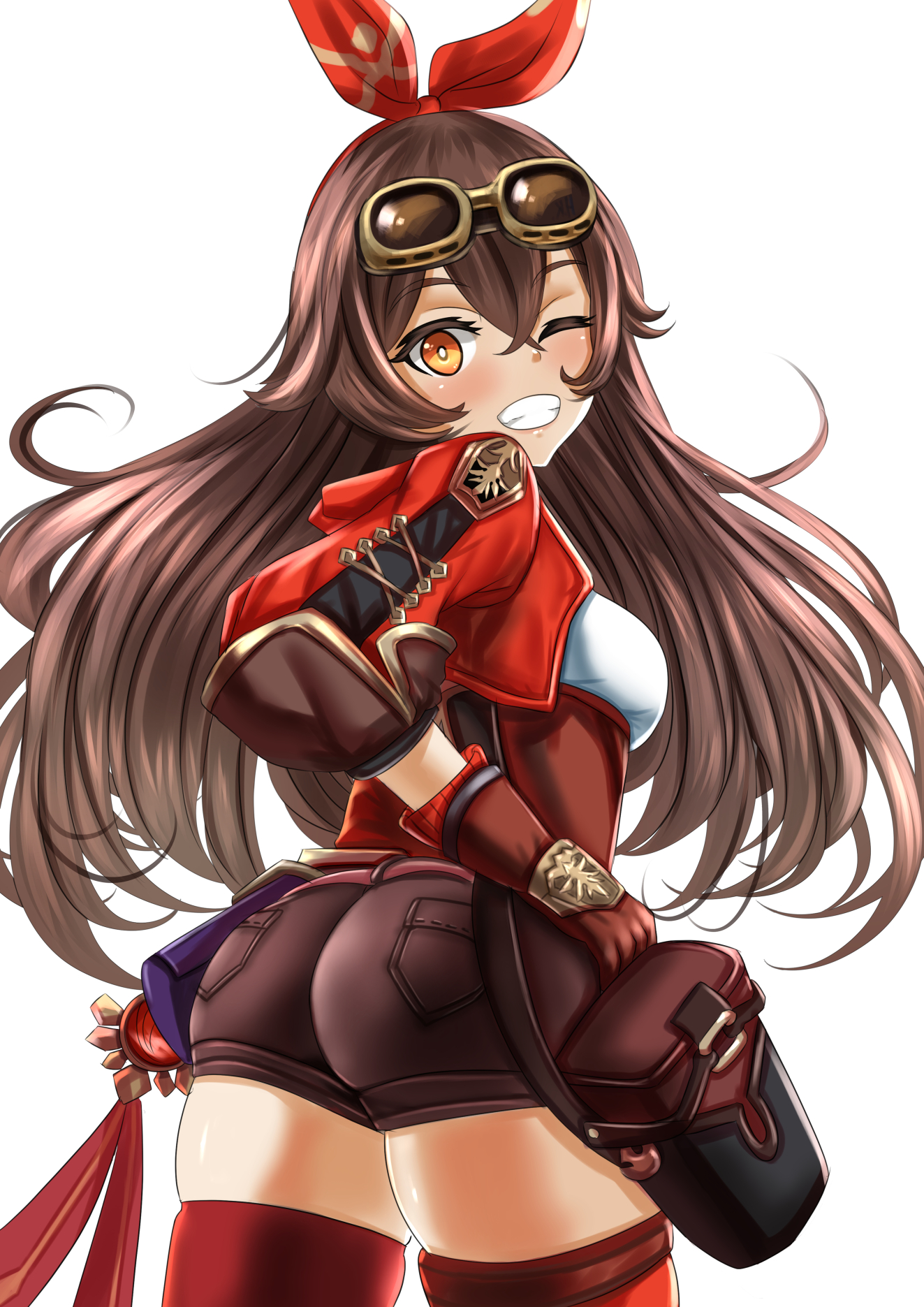 1girls, amber (genshin impact), ass, big ass, blush, booty shorts, breasts, brown hair, eye contact, female, genshin impact, goggles, goggles on head, hair ribbon, kein (pixiv), long hair, looking at viewer, looking back, minishorts, one eye closed, shorts, smile, thick thighs, thigh gap, thighs, white background
