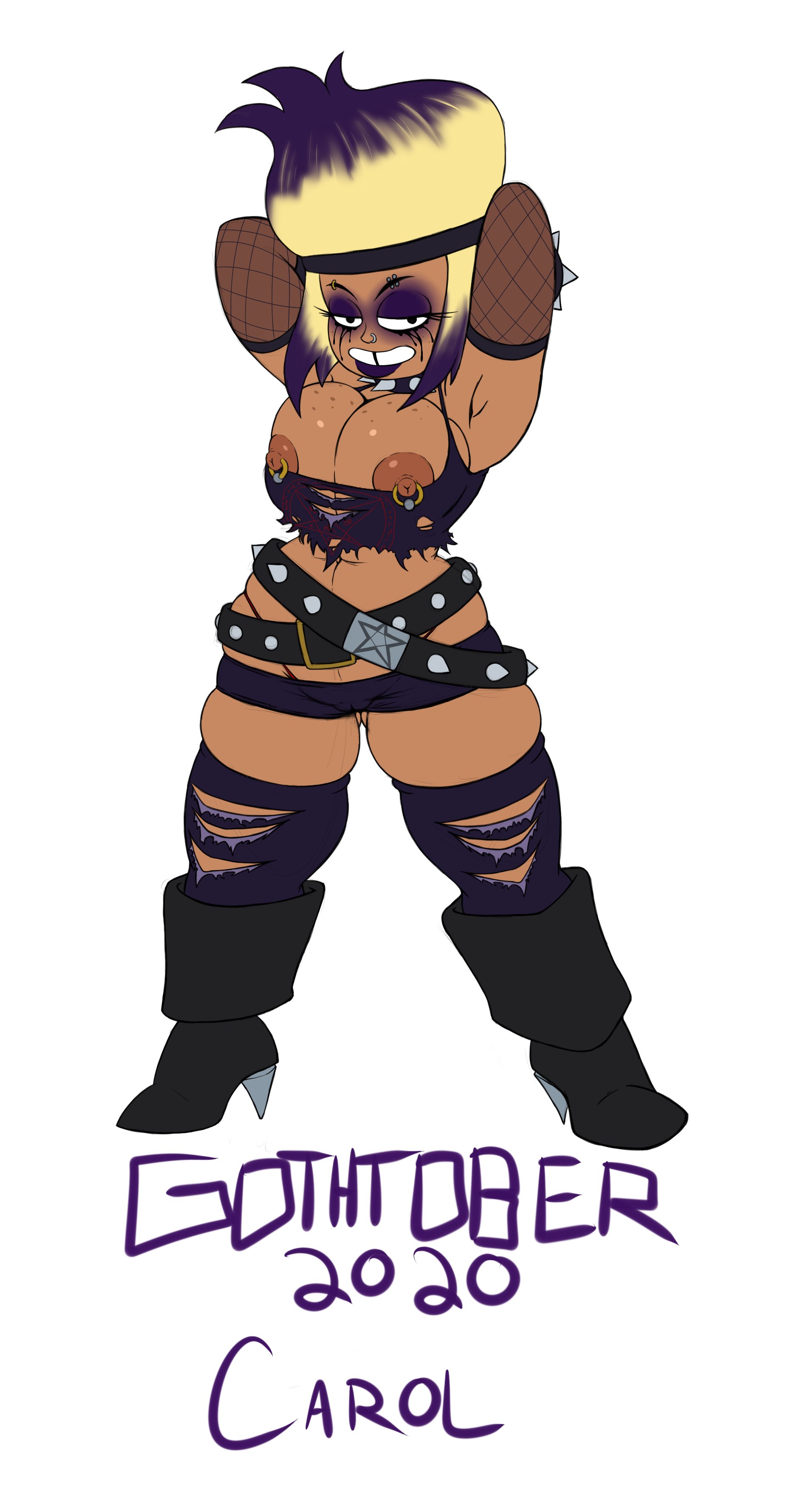1girls, 2020, areolae, armpits, arms up, bare midriff, belt, big breasts, blonde hair, boots, breasts, breasts out, buckteeth, busty, carol (ok k.o.! let's be heroes), carol kincaid, cartoon network, character name, cleavage, curvaceous, curvy, dark skin, dark-skinned female, erect nipples, eyebrow piercing, eyeshadow, female, female only, fishnet, fishnet armwear, fishnets, freckles, full body, g-string, goth, gothified, gothtober, hourglass figure, large breasts, light skin, light-skinned female, lipstick, makeup, mascara, mascara tears, mature, mature female, milf, navel, nipple piercing, nipples, ok k.o.! let's be heroes, overflowing breasts, pale skin, pale-skinned female, piercing, pinup, pinup pose, pose, posing, purple hair, ripped thighhighs, runny makeup, seductive, seductive eyes, seductive look, seductive smile, short shorts, skimpy, skimpy clothes, slashysmiley, smile, smiling, spiked bracelet, standing, tagme, tank top, thick thighs, thighhighs, torn thighhighs, two-tone hair, voluptuous, wide hips