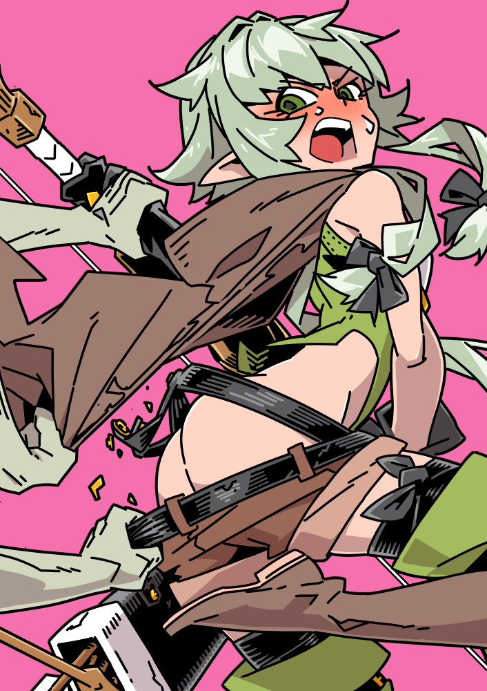 1girls, angry, ass, ass crack, blush, bow, butt crack, elf, elf ears, female, gangure (disemboweled), goblin, goblin male, goblin slayer, green eyes, green hair, high elf archer (goblin slayer), long hair, looking back, male, open mouth, pointy ears, skinny