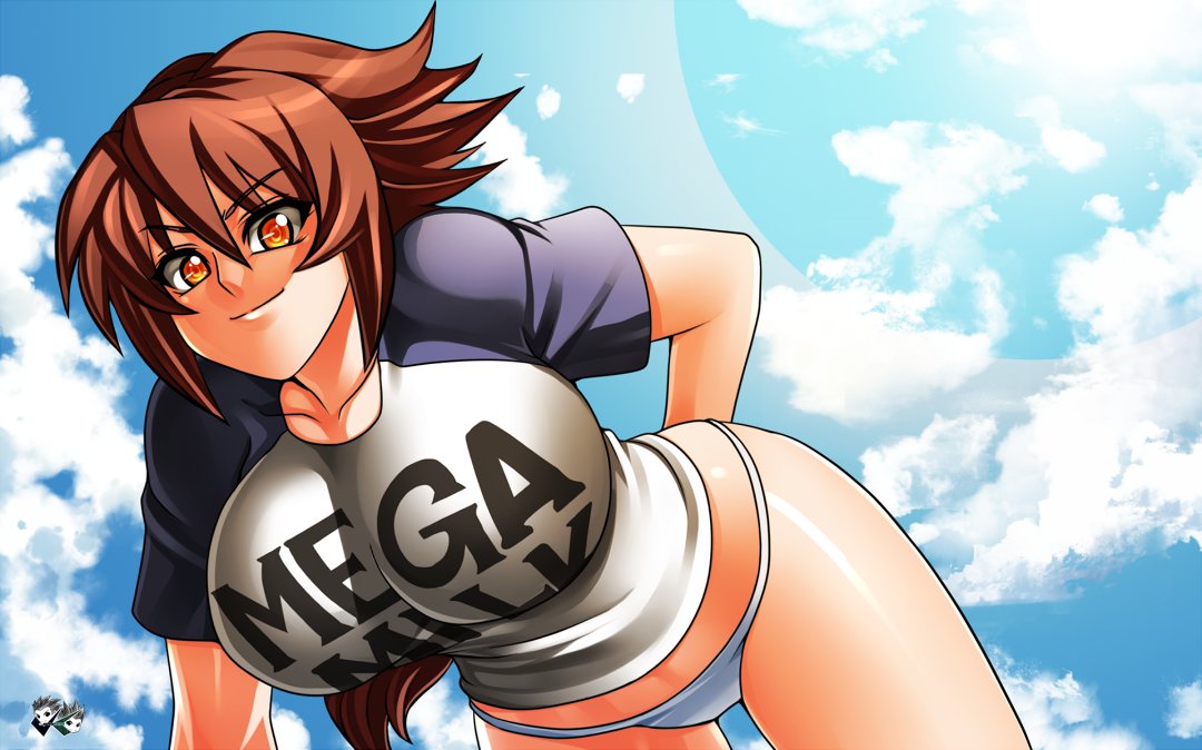 1girls cleavage female female_only huge_breasts jadenkaiba looking_at_viewer mega_milk panties school_fight shirt sky solo thong tight_clothing white_thong yui_rakkuza