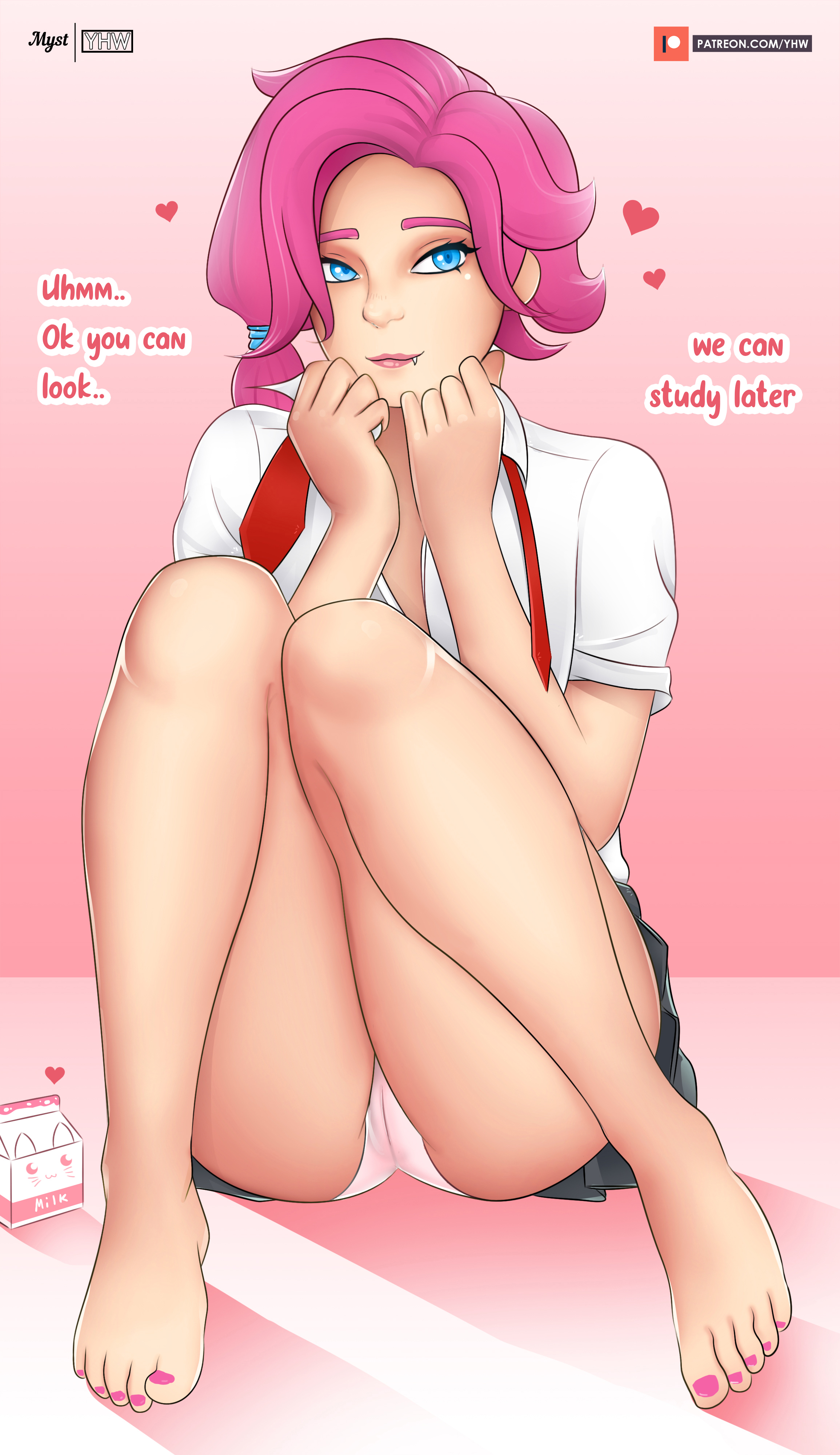 1girls, barefoot, blue eyes, cute, fang, feet, female, female only, maeve (paladins), milk, paladins, panties, pantyshot, pink hair, school uniform, schoolgirl, shy, sitting, solo, text, toenail polish, toes, upskirt, yhw