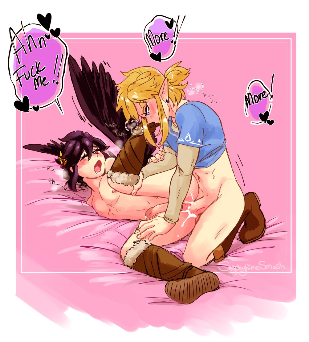 2boys anal anal_sex angel angel_wings balls black_hair black_hair_bottom blonde_hair blonde_hair_on_black_hair blonde_hair_top blue_eyes blush boots breath_of_the_wild champion's_tunic colored_background crossover cum cum_drip cum_in_ass cum_inside dark_pit domination drooling erection feathered_wings feathers femboy fur_trim gay heart humanoid humanoid_penis hylian kid_icarus kid_icarus_uprising light_hair_on_dark_hair link link_(breath_of_the_wild) long_hair_male looking_down looking_pleasured male male/male male_nipples male_only male_penetrating male_penetrating_male moaning moaning_in_pleasure on_side open_mouth penis pierced_ears piercing pointy_ears red_eyes sex shaved_crotch smooth_skinned_male soft_sizzle text text_bubble the_legend_of_zelda tunic twink wreath yaoi