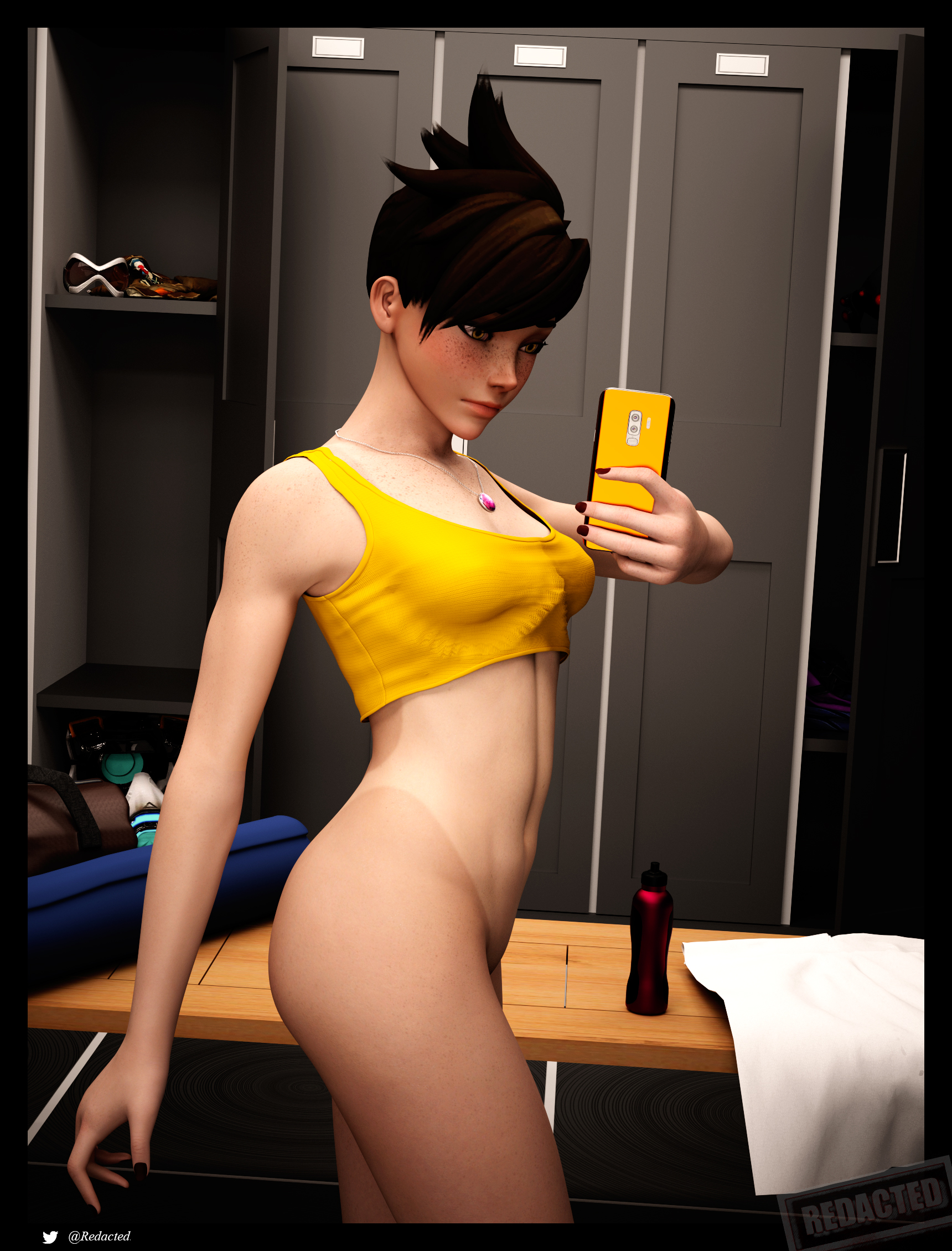 3d, athletic, athletic female, blizzard entertainment, bottomless, breasts, busty, female, female focus, female only, hourglass figure, overwatch, phone, pose, posing, redacted3d, selfie, solo, tan, tanline, tracer, wide hips