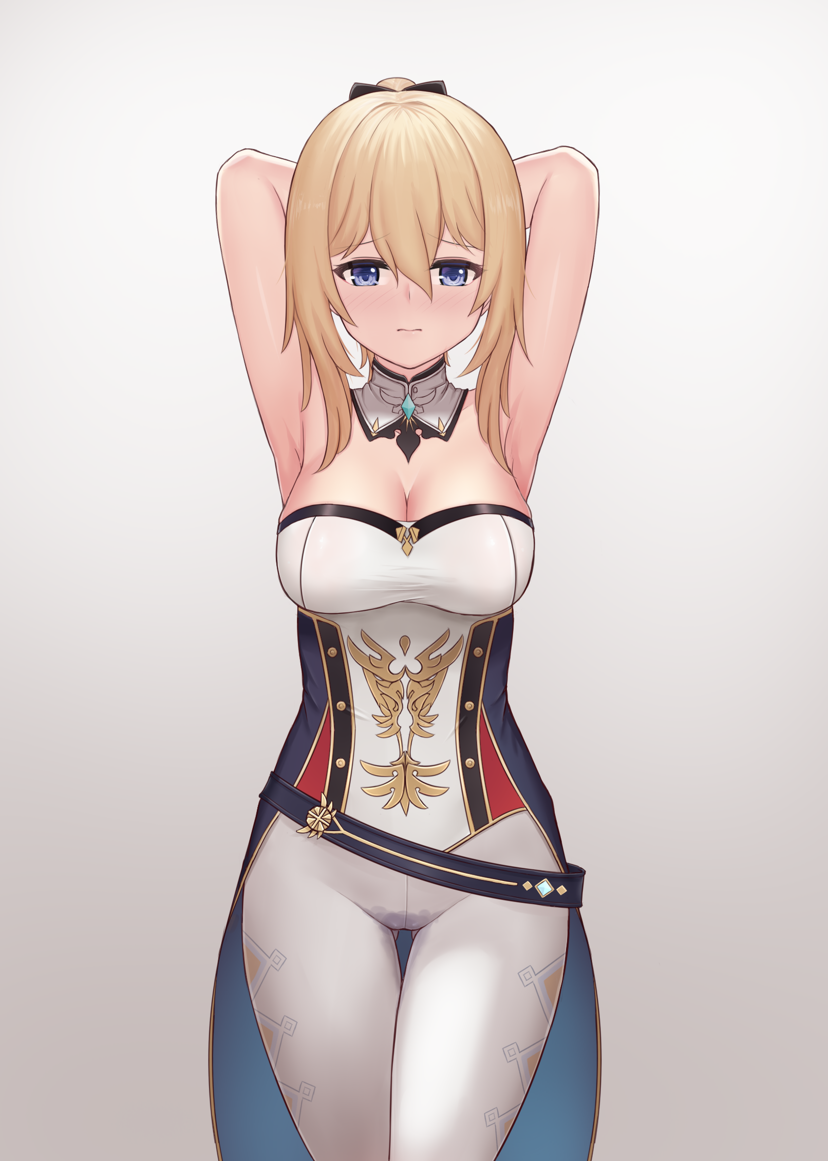 1girls, armpits, ass visible through thighs, big breasts, blonde hair, blue eyes, blush, breasts, cleavage, clothed, clothed female, embarrassed, female, female focus, female only, fully clothed, genshin impact, gradient background, highres, jean gunnhildr, looking at viewer, medium hair, ponytail, pussy, pussy juice, shy, simple background, solo, solo female, thighs, tied hair, uniform, wet, wet pussy, white background, young