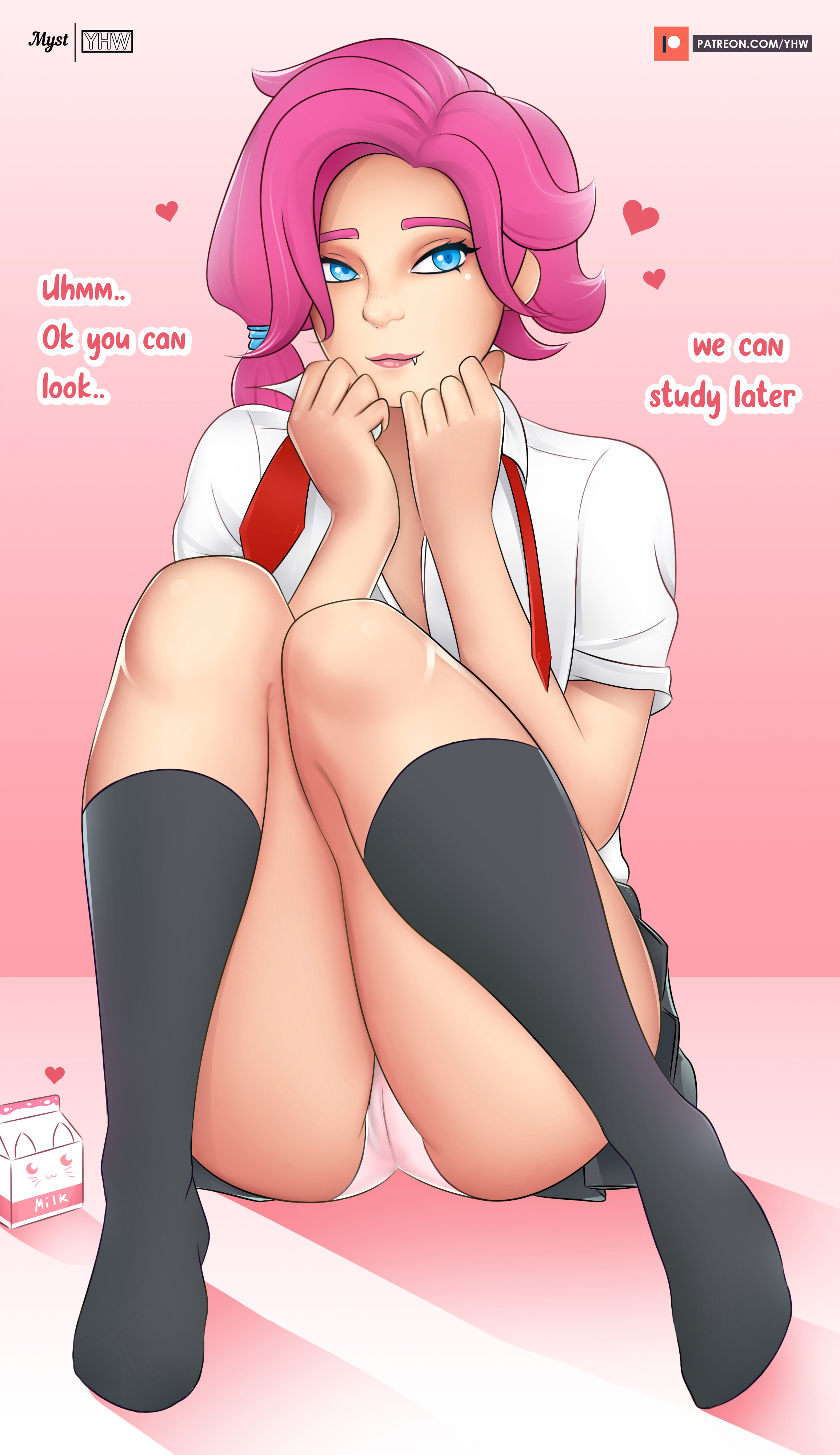 1girls, blue eyes, cute, fang, female, female only, kneehighs, maeve (paladins), milk, paladins, panties, pantyshot, pink hair, school uniform, schoolgirl, shy, sitting, socks, solo, text, toenail polish, upskirt, yhw