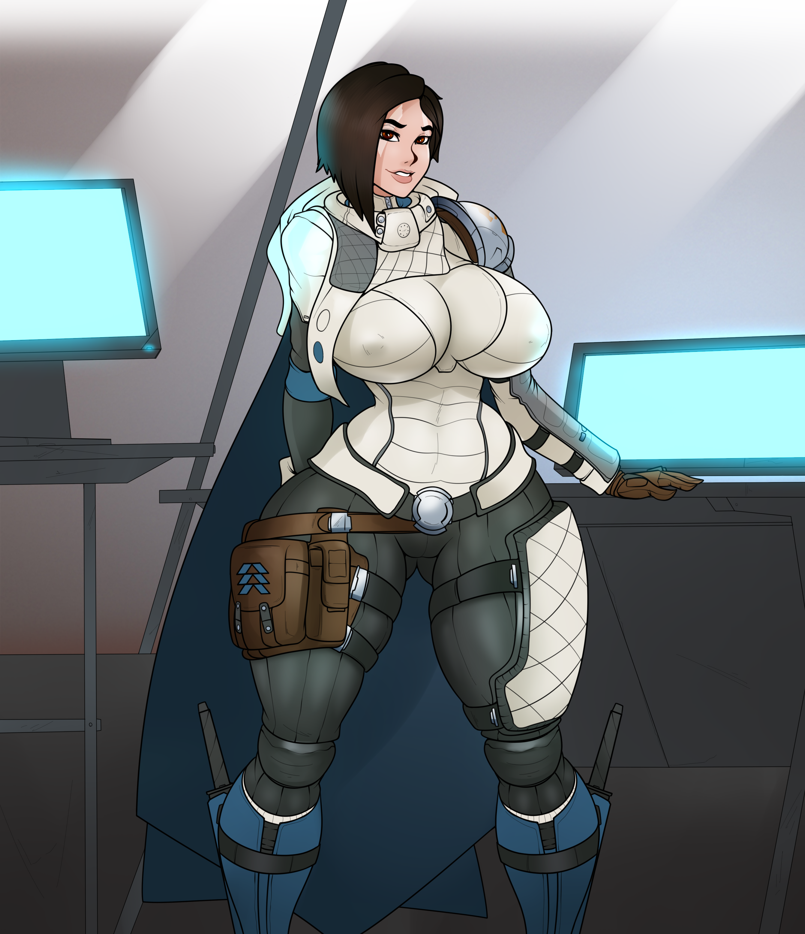 1girls, alternate ass size, alternate body type, alternate breast size, ana bray, asian, asian female, ass visible through thighs, big breasts, breasts, brown hair, clothed, clothed female, computer, computer monitor, computer screen, curvy, destiny (game), female, female only, fully clothed, guardian (destiny), hand behind ass, hand behind back, huge breasts, huge thighs, hunter (destiny), large breasts, lewdreaper, looking at viewer, nipple bulge, nipples, nipples visible through clothing, skin tight, solo, solo female, tagme, thick, thick ass, thick thighs, thigh gap, thighs, tight clothing
