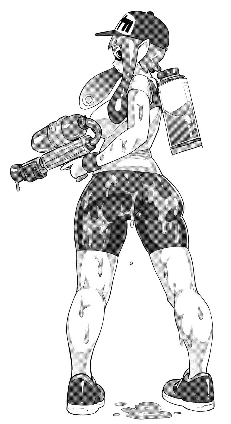 ass, big ass, big breasts, big butt, breasts, bubble ass, bubble butt, female, inkling, inkling girl, legs, long legs, looking at viewer, looking back, monochrome, nintendo, shorts, splatoon, splatoon (series), synecdoche, thick legs, thick thighs