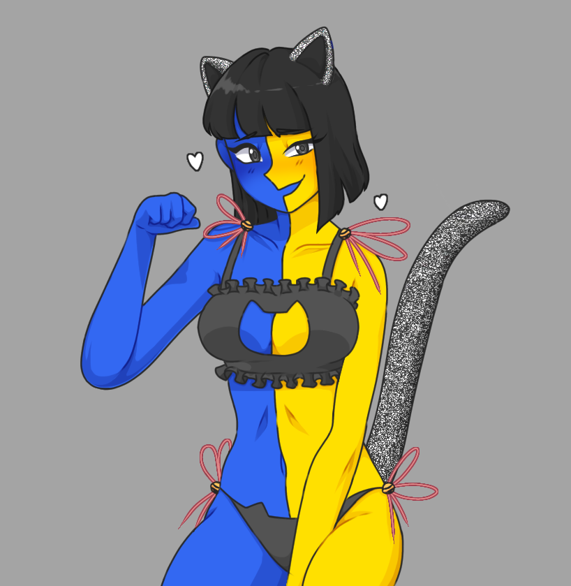 bangs bare_shoulders belly_button black_hair blue_skin blush breasts cat_ears cat_lingerie cat_tail cleavage collarbone ena grey_eyes heart joel_g keyhole_bra panties raised_inner_eyebrows short_hair smile static thin_waist xxbluedemonxx yellow_skin