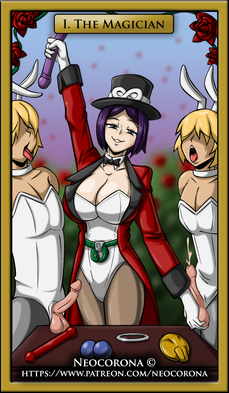 1girls 2boys ball_grab bunny_boy crossdressing cum double_dildo female femdom gloves human human_only light-skinned_female light-skinned_femboy light-skinned_male light_skin magician magician_hat malesub neocorona sissy tagme tarot tarot_card tarot_deck the_magician_(tarot)