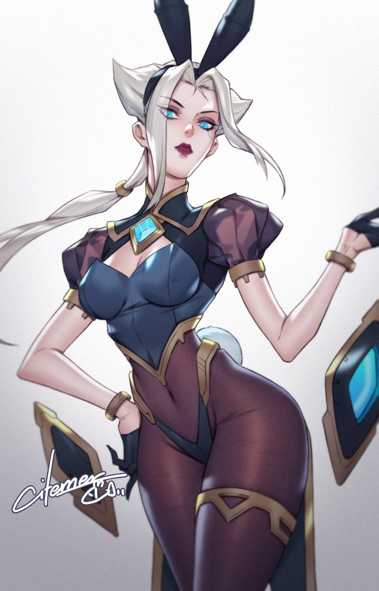 belly button visible through clothing, blue eyes, bracelet, bunny ears, bunny tail, bunnysuit, camille ferros, citemer, eyebrows visible through hair, eyelashes visible through hair, eyes visible through hair, female, front view, fully clothed, fully clothed female, gloves, hand on hip, league of legends, light skin, light-skinned female, light-skinned male, lipstick, male, midriff, navel visible through clothes, ponytail, white background, white hair, wide hips