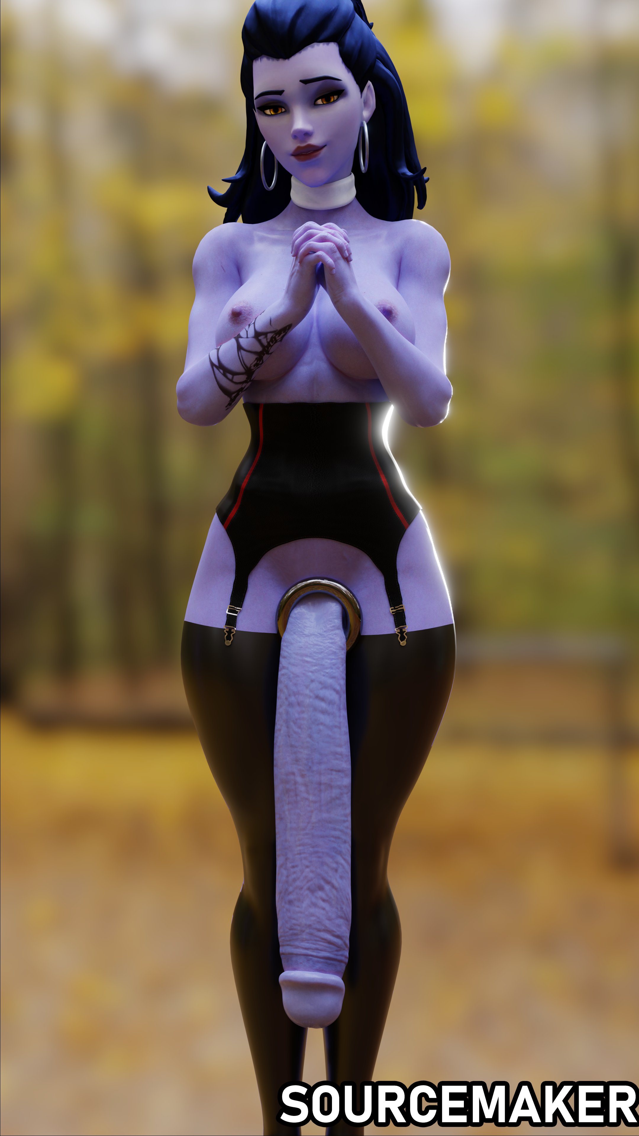 1futa, 3d, 4k, absurdres, areolae, blender, breasts, dickgirl, flaccid, futa only, futanari, highres, hyper penis, intersex, long penis, looking at viewer, nipples, overwatch, penis, penis to the knees, solo, solo futa, sourcemaker, widowmaker