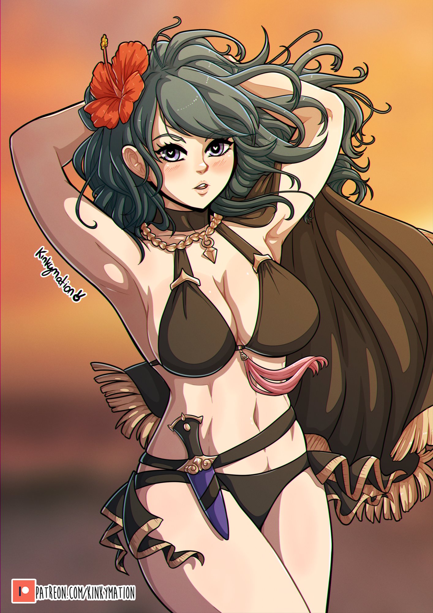 1girls, armpits, arms behind head, arms up, bare legs, bare thighs, bikini, black bikini, black swimsuit, blue eyes, breasts, byleth (fire emblem), byleth (fire emblem) (female), cape, cleavage, female, fire emblem, fire emblem heroes, fire emblem: three houses, flower, hair flower, hair ornament, heart, heart-shaped pupils, highres, kinkymation, knife, large breasts, looking at viewer, medium hair, nintendo, red flower, sideboob, solo, swimsuit, symbol-shaped pupils, teal hair, thighs