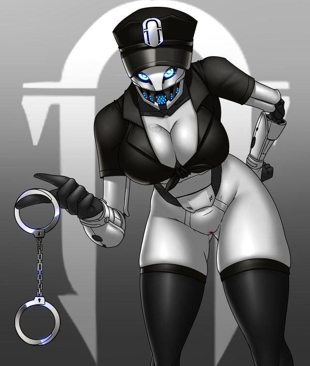 1girls, ada-1, android, big breasts, blue eyes, breast expansion, breast growth, breast growth (enlargement), breasts, destiny (game), exo, female, gary-q, gloves, hand on hip, handcuffs, looking at viewer, no panties, partially clothed, police uniform, pussy, robot girl, seductive, seductive look, shirt, stockings, tagme, thighhighs